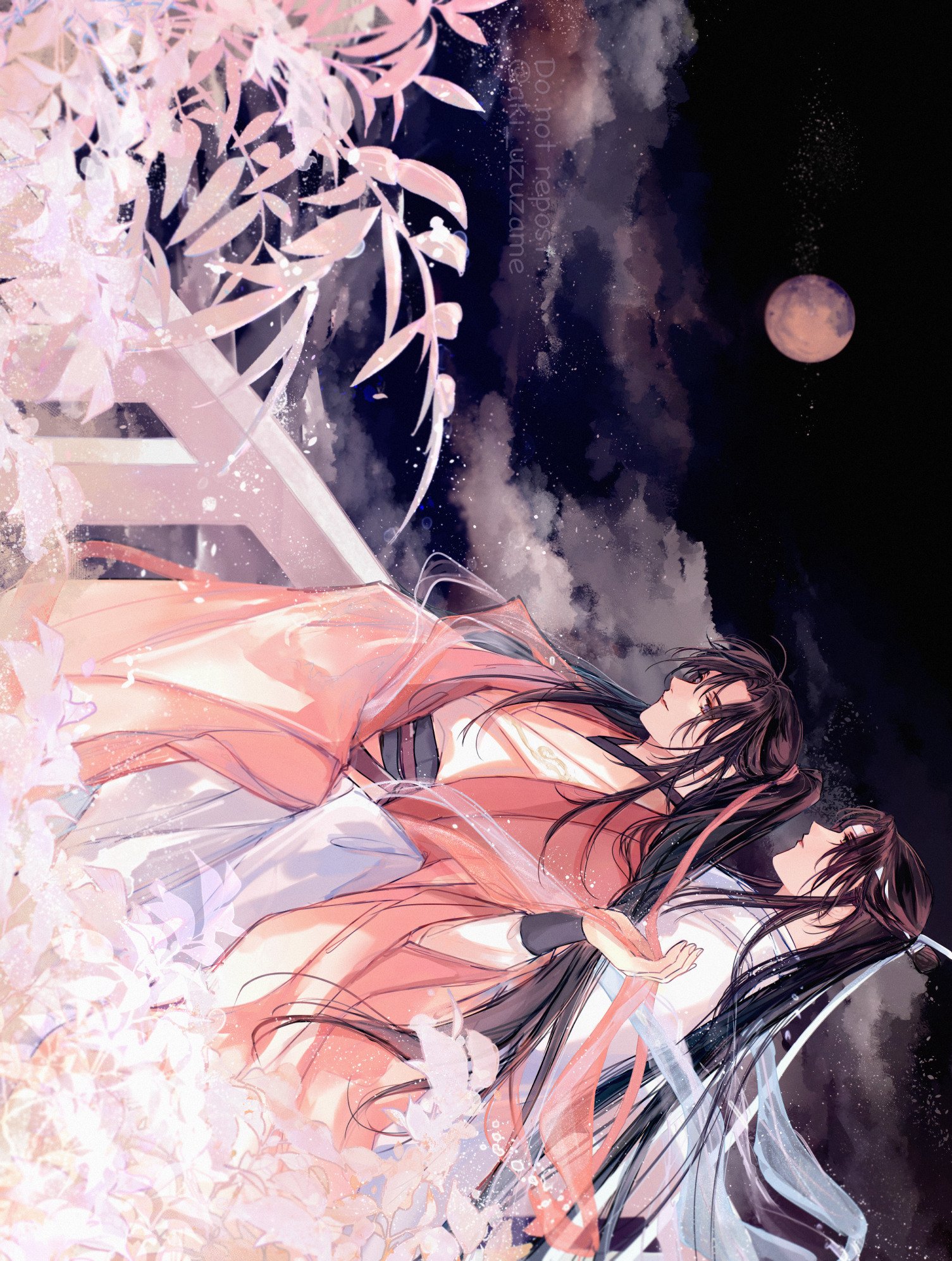 lan wangji, wei wuxian, modao zushi, commentary request, highres, 2boys, ahoge, aki uzuzame, alternate costume, black hair, black sash, blue shawl, chinese clothes, closed eyes, cloud, coat, couple, dutch angle, flower, full moon, grey eyes, hagoromo, hair ribbon, hand up, hanfu, headband, height difference, holding, holding ribbon, hug, hug from behind, leaf, light particles, long hair, long sleeves, looking at another, male focus, moon, multiple boys, night, night sky, open clothes, open coat, outdoors, parted lips, plant, ponytail, profile, railing, red coat, red ribbon, red sash, ribbon, sash, shawl, sidelocks, sideways, sky, smile, standing, star (sky), topknot, twitter username, very long hair, white hanfu, white headband, wide sleeves, xiao guan (headdress), yaoi