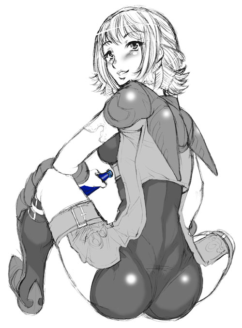 mizuryu kei, penelo, final fantasy, final fantasy xii, 00s, 1girl, ass, blush, boots, bottle, braid, female focus, from behind, greyscale, looking back, monochrome, potion, short hair, sitting, sketch, smile, solo, spot color, thigh strap, twin braids