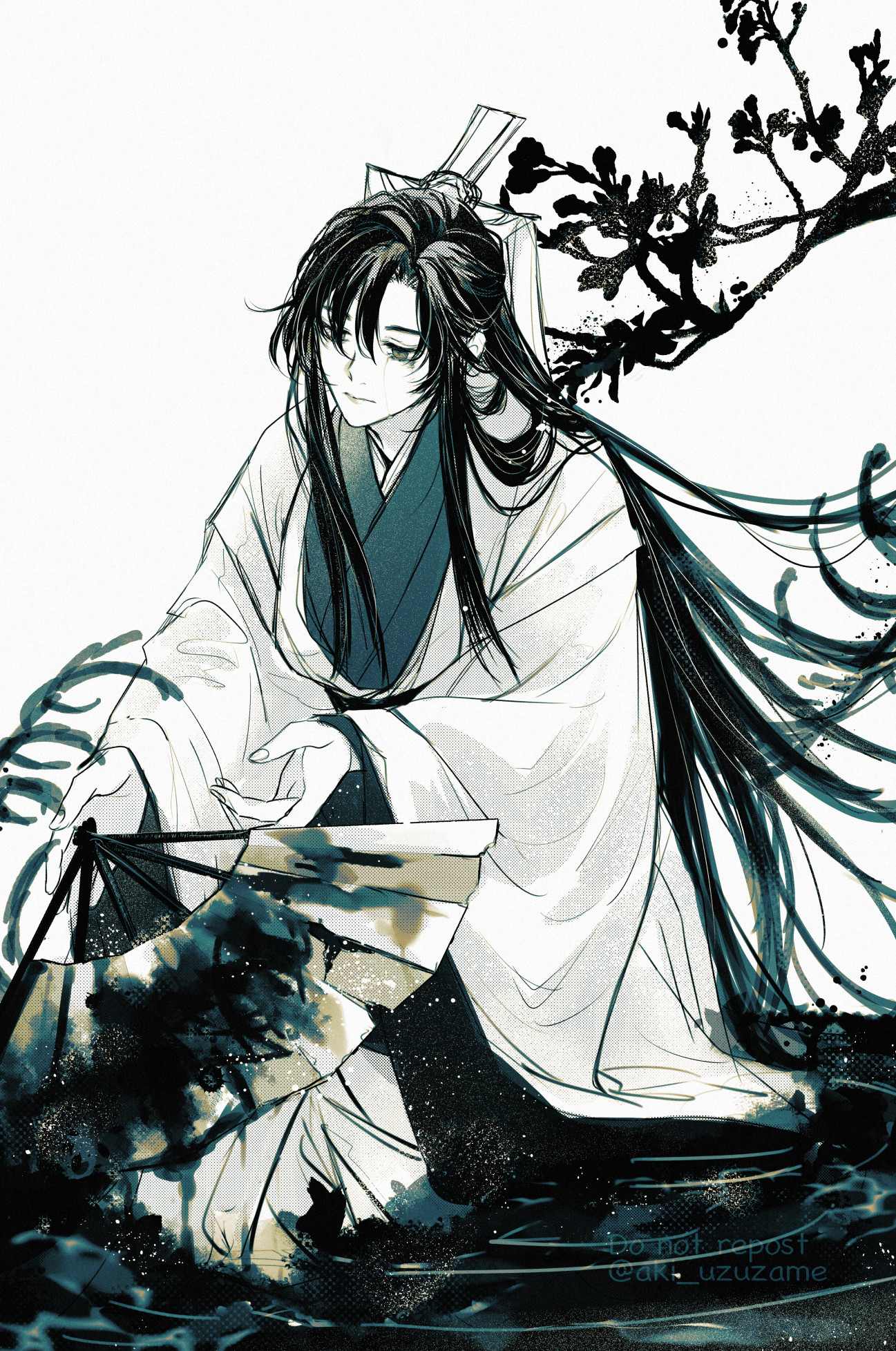 shi qingxuan, tianguan cifu, commentary request, highres, 1boy, aki uzuzame, bishounen, black hair, branch, chinese clothes, closed mouth, crying, crying with eyes open, folding fan, green eyes, hair between eyes, half updo, hand fan, hanfu, holding, holding fan, japanese clothes, light particles, long hair, long sleeves, looking at viewer, looking down, male focus, monochrome, paper fan, ribboned xiao guan, robe, seiza, sidelocks, simple background, sitting, solo, spot color, tears, very long hair, wading, water, white background, wide sleeves, xiao guan (headdress)