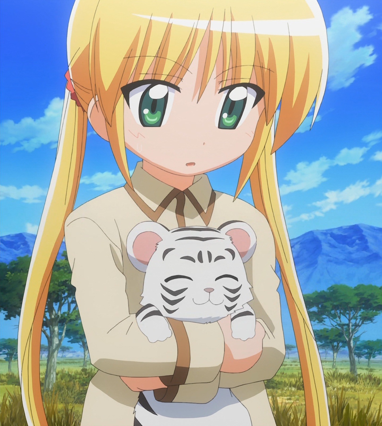 sanzen'in nagi, tama (hayate no gotoku), hayate no gotoku!, anime screenshot, highres, stitched, third-party edit, 00s, aged down, blonde hair, child, green eyes, long hair, solo, tiger, twintails