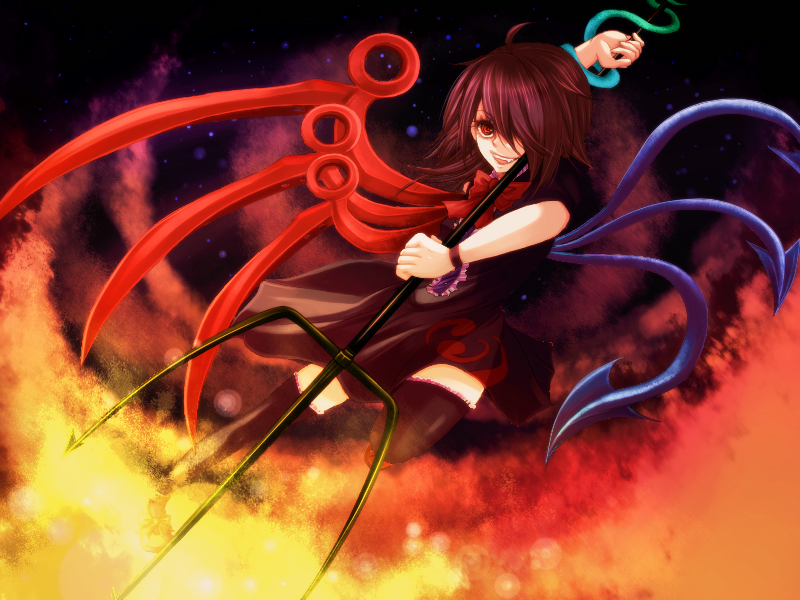 yuha (yh-krm), houjuu nue, touhou, 1girl, black hair, black thighhighs, female focus, polearm, red eyes, short hair, snake, solo, spear, thighhighs, trident, weapon, zettai ryouiki
