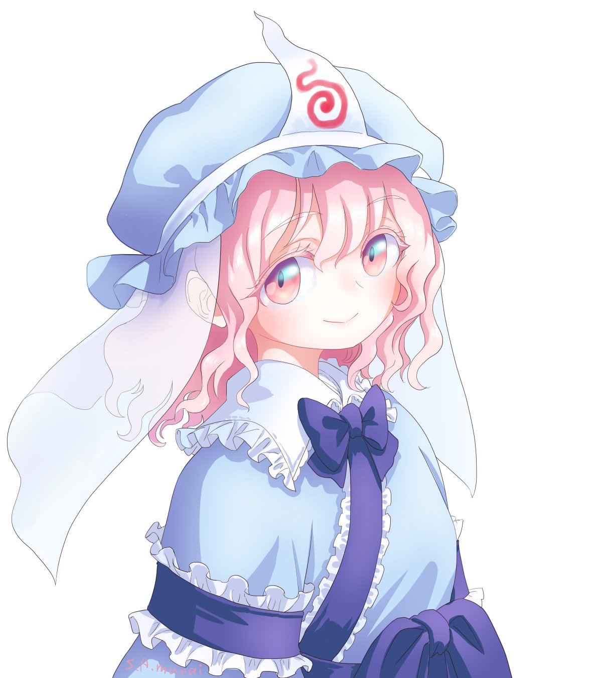 s-a-murai, saigyouji yuyuko, touhou, highres, 1girl, blue kimono, bow, bowtie, closed mouth, frills, hair between eyes, hat, japanese clothes, kimono, long sleeves, looking at viewer, medium hair, mob cap, pink eyes, pink hair, purple bow, purple bowtie, smile, solo, triangular headpiece, upper body, veil, wavy hair, white background