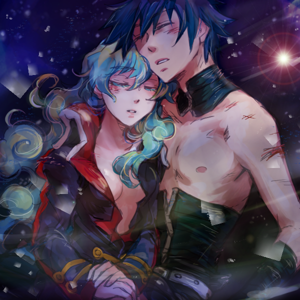 taira momen, nia teppelin, simon (ttgl), tengen toppa gurren lagann, 00s, 1boy, 1girl, aged up, blue hair, closed eyes, coat, couple, hetero, multicolored hair, naked coat, space, topless male, two-tone hair