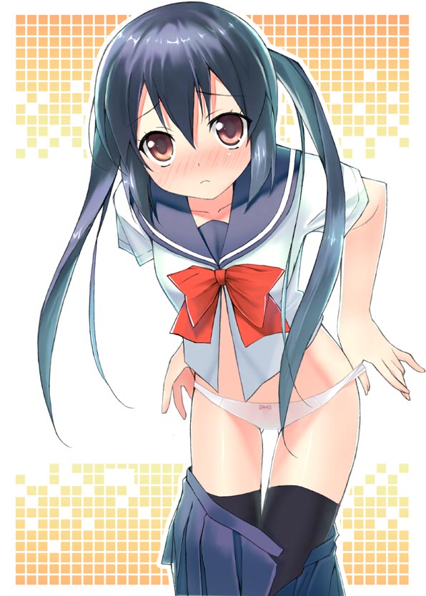 macchaume, nakano azusa, k-on!, 00s, 1girl, black hair, blush, brown eyes, female focus, loli, long hair, panties, school uniform, skirt, solo, thighhighs, twintails, underwear, undressing