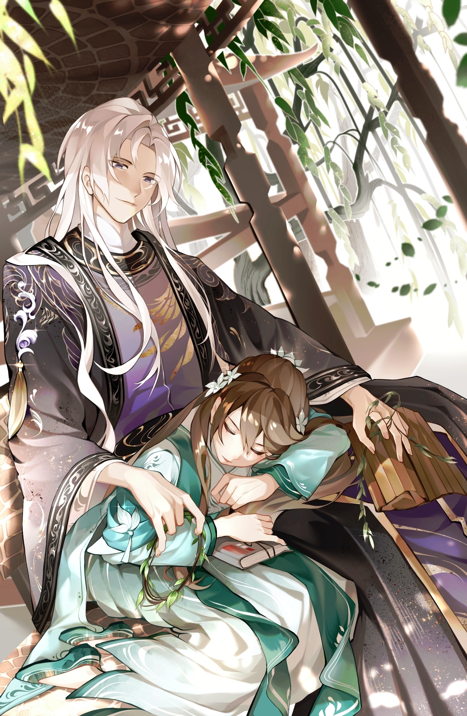 wangulongdong, hua yi shanxin zhiyue, absurdres, chinese commentary, commentary request, highres, 1boy, 1girl, aqua dress, aqua hanfu, bamboo slips, black coat, book, brown hair, chinese clothes, closed eyes, closed mouth, coat, curtained hair, daxiushan, day, dress, flats, flower, full body, gazebo, glint, green sash, green shoes, hair between eyes, hair flower, hair ornament, hanfu, holding, holding book, holding scroll, holding wreath, lap pillow, ling yan ru, long hair, long sleeves, looking at another, looking down, open clothes, open coat, parted bangs, purple eyes, purple robe, robe, sash, scroll, shoes, sitting, sleeping, sleeping on person, smile, the princess (hua yi shanxin zhiyue), tree, two-tone dress, white dress, white flower, white hair, wide sleeves, willow, yokozuwari, yuanlingpao