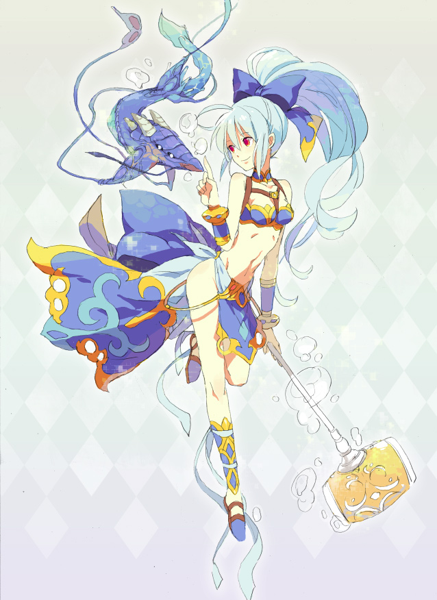 ebira, blue sea dragon, meru (dragoon), the legend of dragoon, bad id, bad pixiv id, 1girl, ahoge, albino, ankle cuffs, belt, bikini, blue hair, blue ribbon, bow, breasts, bubble, choker, dancer outfit, dragon, female focus, fins, fish, hammer, long hair, navel, pointing, ponytail, red eyes, regole, ribbon, shoes, smile, solo, swimsuit, water, weapon, white hair, wingly, wrist cuffs