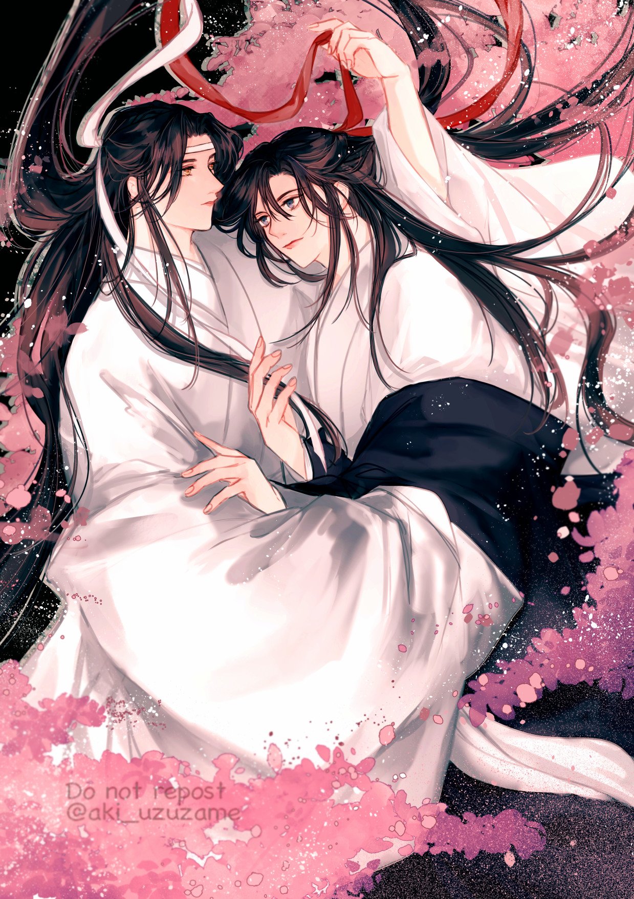 lan wangji, wei wuxian, wei wuxian (yiling laozu), modao zushi, commentary request, highres, 2boys, aki uzuzame, alternate costume, bishounen, black coat, black hair, cherry blossoms, chinese clothes, closed mouth, coat, couple, eye contact, falling petals, floating hair, flower, grey eyes, hair down, hair ribbon, half updo, hand up, hanfu, headband, holding, holding another's hair, holding ribbon, hug, light particles, long hair, long sleeves, looking at another, male focus, multiple boys, off shoulder, official alternate hairstyle, open clothes, open coat, petals, pink flower, ponytail, red ribbon, ribbon, robe, sidelocks, smile, twitter username, very long hair, watermark, white hanfu, white headband, white ribbon, wide sleeves, yaoi, yellow eyes