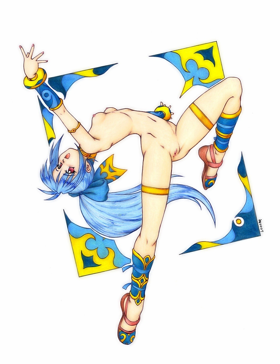 harumachi nagaaki, meru (dragoon), the legend of dragoon, highres, traditional media, 1girl, :o, anklet, antenna hair, arched back, armband, armlet, armpits, bangle, blue hair, blue ribbon, bow, bracelet, breasts, breasts apart, censored, dancer, dancing, feet, female focus, flexible, from side, full body, game console, hair bow, high ponytail, jewelry, leg lift, legs, long hair, looking at viewer, lots of jewelry, mosaic censoring, navel, nipples, no socks, nude, open mouth, outstretched arms, petite, ponytail, purple eyes, pussy, red eyes, retro artstyle, ribbon, sandals, shoes, sidelocks, signature, simple background, skinny, small areolae, small breasts, small nipples, smile, solo, spread legs, standing, standing on one leg, thighlet, very long hair, white background, wingly
