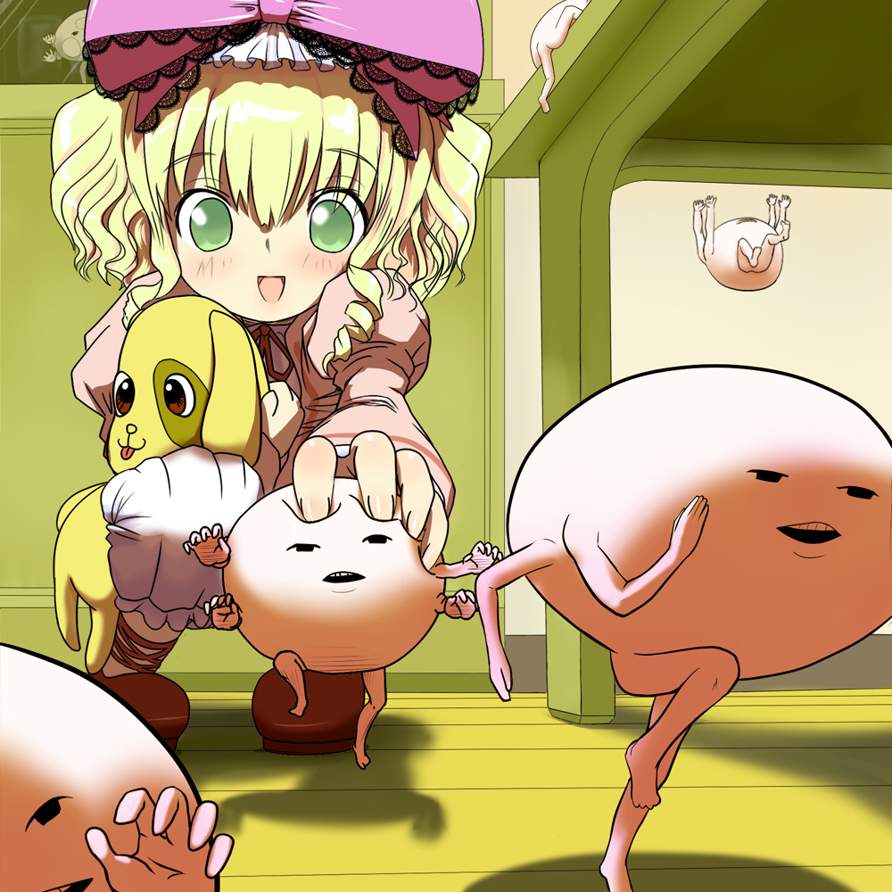 ishikkoro, hinaichigo, kunkun, rozen maiden, 00s, 1girl, blonde hair, bow, female focus, green eyes, pink bow, solo, what