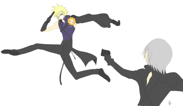 so-ichi00, cloud strife, kadaj, sakurai takahiro, code geass, final fantasy, final fantasy vii, pixiv sample, resized, 2boys, blonde hair, flower, green eyes, grey hair, gun, meme, multiple boys, parody, spiked hair, spinzaku, voice actor connection, weapon