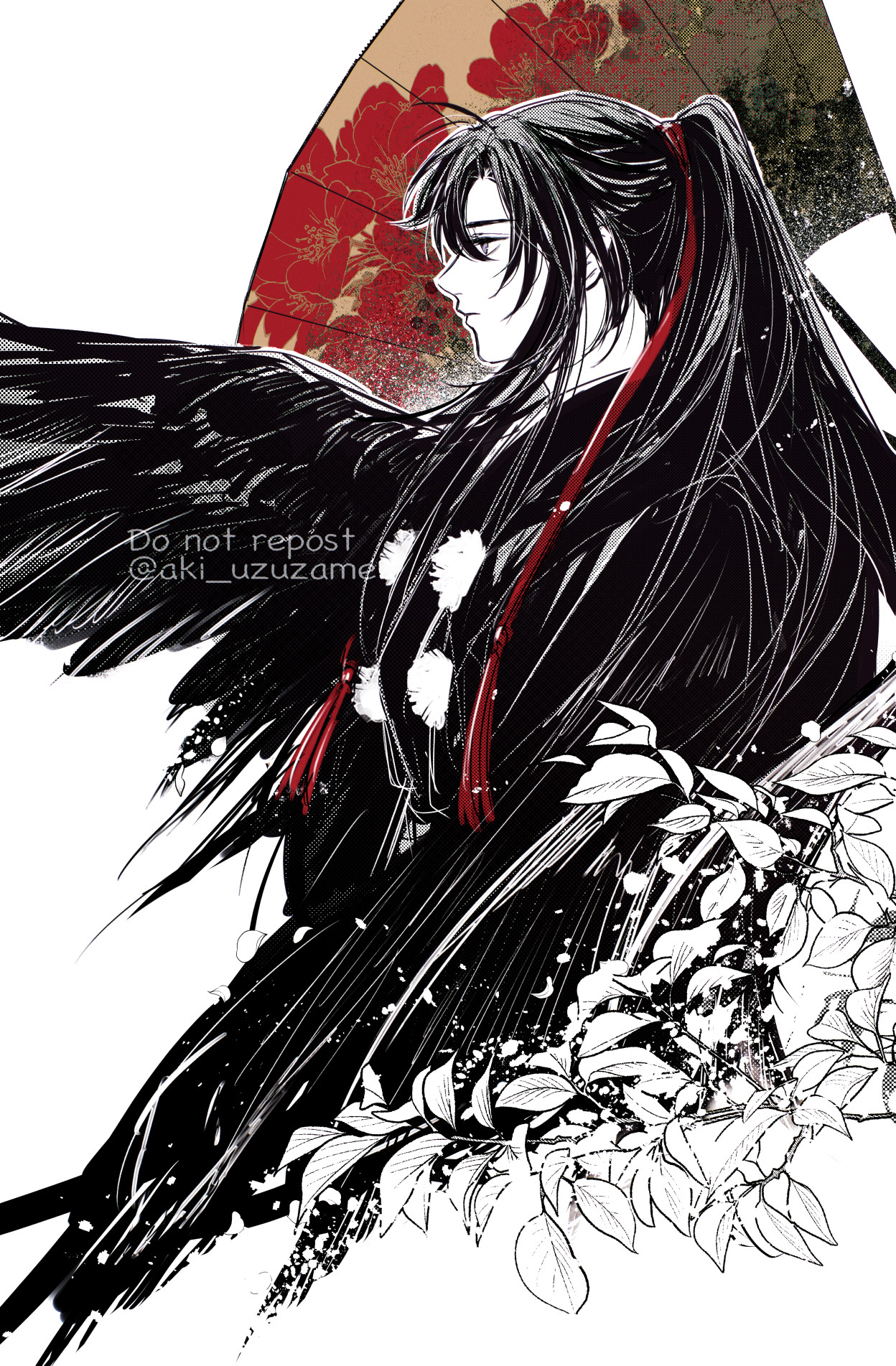 wei wuxian, modao zushi, commentary request, highres, 1boy, adapted costume, aki uzuzame, alternate costume, black hair, black kimono, black wings, closed mouth, feathered wings, folding fan, from side, grey eyes, hair ornament, hair ribbon, hand fan, japanese clothes, kimono, leaf, light particles, long hair, looking to the side, male focus, monochrome, monsterification, pom pom (clothes), ponytail, profile, red ribbon, ribbon, robe, solo, spot color, tassel, tassel hair ornament, tengu, twitter username, upper body, watermark, white background, wings
