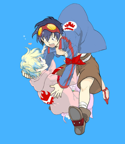 kanke (yonkuma), nia teppelin, simon (ttgl), tengen toppa gurren lagann, bad id, bad pixiv id, 00s, aged down, blue hair, goggles, goggles on head, multicolored hair, short hair, two-tone hair