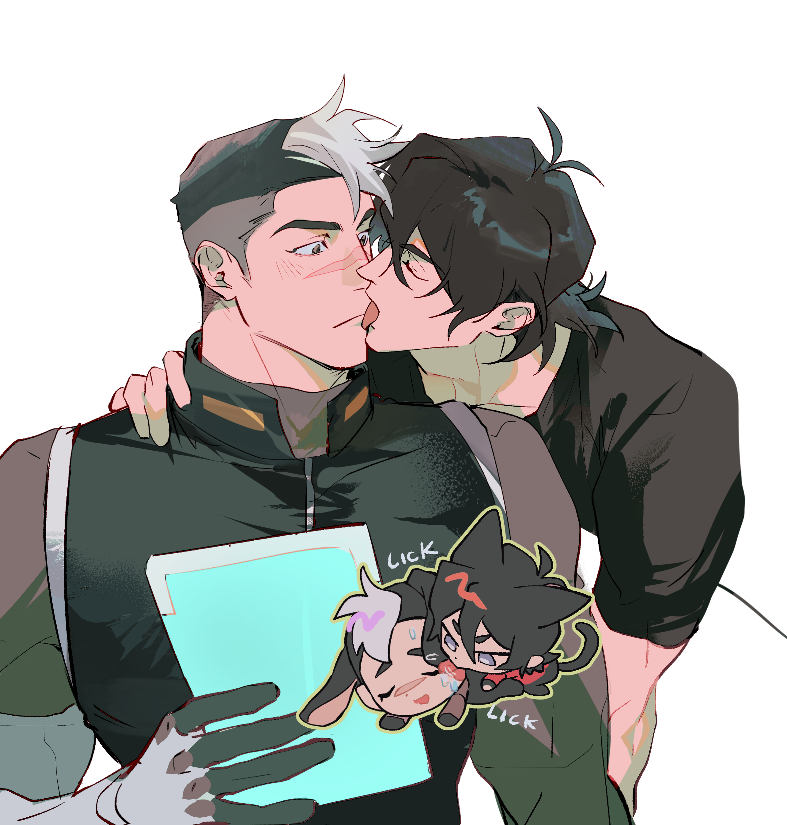 geru (shigeru13 pm), keith (voltron), takashi shirogane, voltron: legendary defender, voltron (series), absurdres, highres, 2boys, adam's apple, animal ears, black hair, black shirt, blush, cat boy, cat ears, cat tail, closed mouth, collarbone, hand on another's shoulder, holding, licking, licking another's face, long sleeves, male focus, medium hair, multicolored hair, multiple boys, parted bangs, prosthesis, prosthetic arm, rabbit boy, rabbit ears, scar, scar on face, shirt, short sideburns, short sleeves, simple background, tail, tongue, tongue out, white background, white hair, yaoi