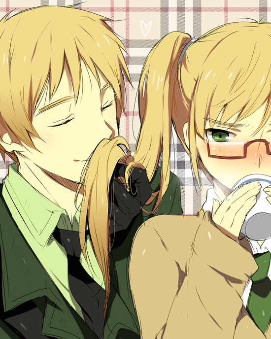 kl (dgzonbi), united kingdom (female) (hetalia), united kingdom (hetalia), axis powers hetalia, gender request, 00s, 1boy, 1girl, blonde hair, blush, closed eyes, drink, dual persona, genderswap, glasses, green eyes, heart, necktie, selfcest, smelling, thick eyebrows, twintails