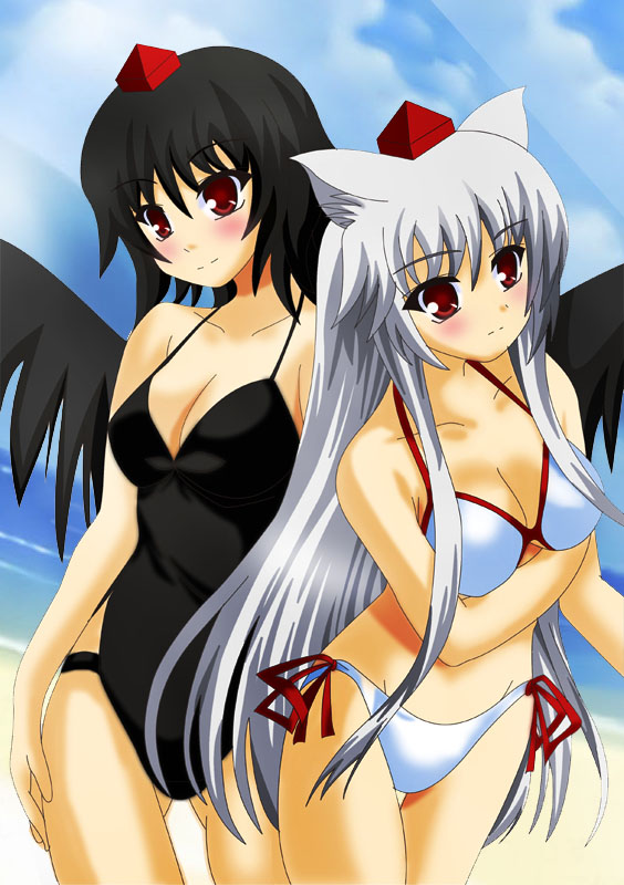 asu, inubashiri momiji, shameimaru aya, touhou, breast hold, 2girls, alternate hair length, alternate hairstyle, animal ears, bikini, black hair, black wings, breasts, cleavage, day, female focus, hat, large breasts, long hair, multiple girls, one-piece swimsuit, red eyes, short hair, sky, swimsuit, tail, tokin hat, white hair, wings, wolf ears, wolf tail