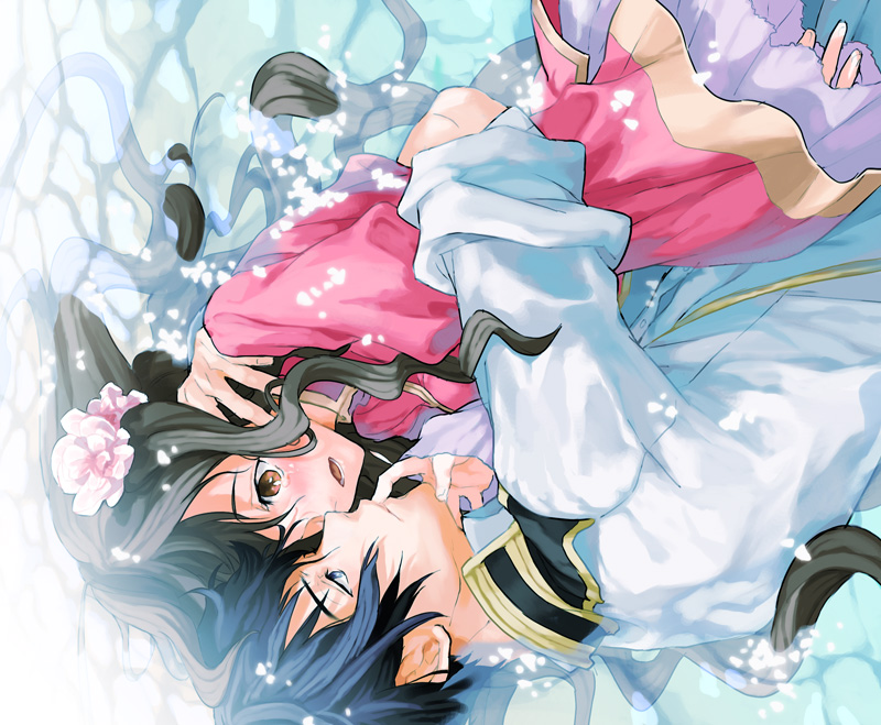 kyuusugi toku, japan (hetalia), taiwan (hetalia), axis powers hetalia, bad id, bad pixiv id, 00s, 1boy, 1girl, afloat, black hair, blue eyes, blush, brown eyes, changpao, chinese clothes, couple, curly hair, floating, flower, hair flower, hair ornament, hetero, holding, hug, long hair, long sleeves, military, military uniform, nuzzle, short hair, sleeves past wrists, tears, very long hair, water