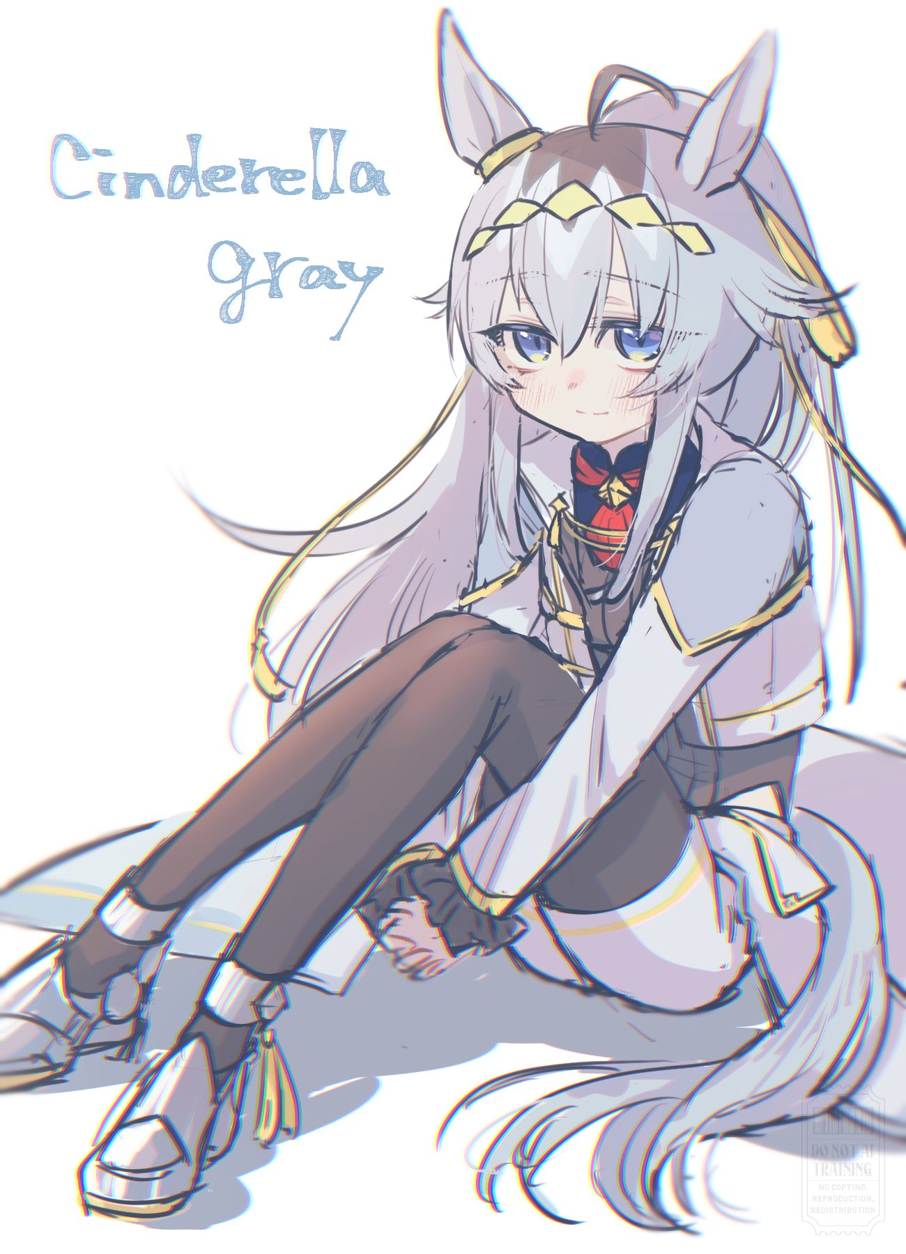 urewi, oguri cap (umamusume), umamusume, umamusume: cinderella gray, commentary request, highres, 1girl, ahoge, animal ears, black pantyhose, blue eyes, brooch, closed mouth, ear ornament, grey hair, grey shorts, hair between eyes, hair ornament, hair ribbon, hairband, horse ears, horse girl, horse tail, jacket, jewelry, long hair, long sleeves, looking at viewer, neckerchief, official alternate costume, oguri cap (cinderella gray) (umamusume), pantyhose, pantyhose under shorts, ponytail, red neckerchief, ribbon, shorts, smile, solo, star brooch, tail, waist cape, white jacket, white shorts, yellow ribbon