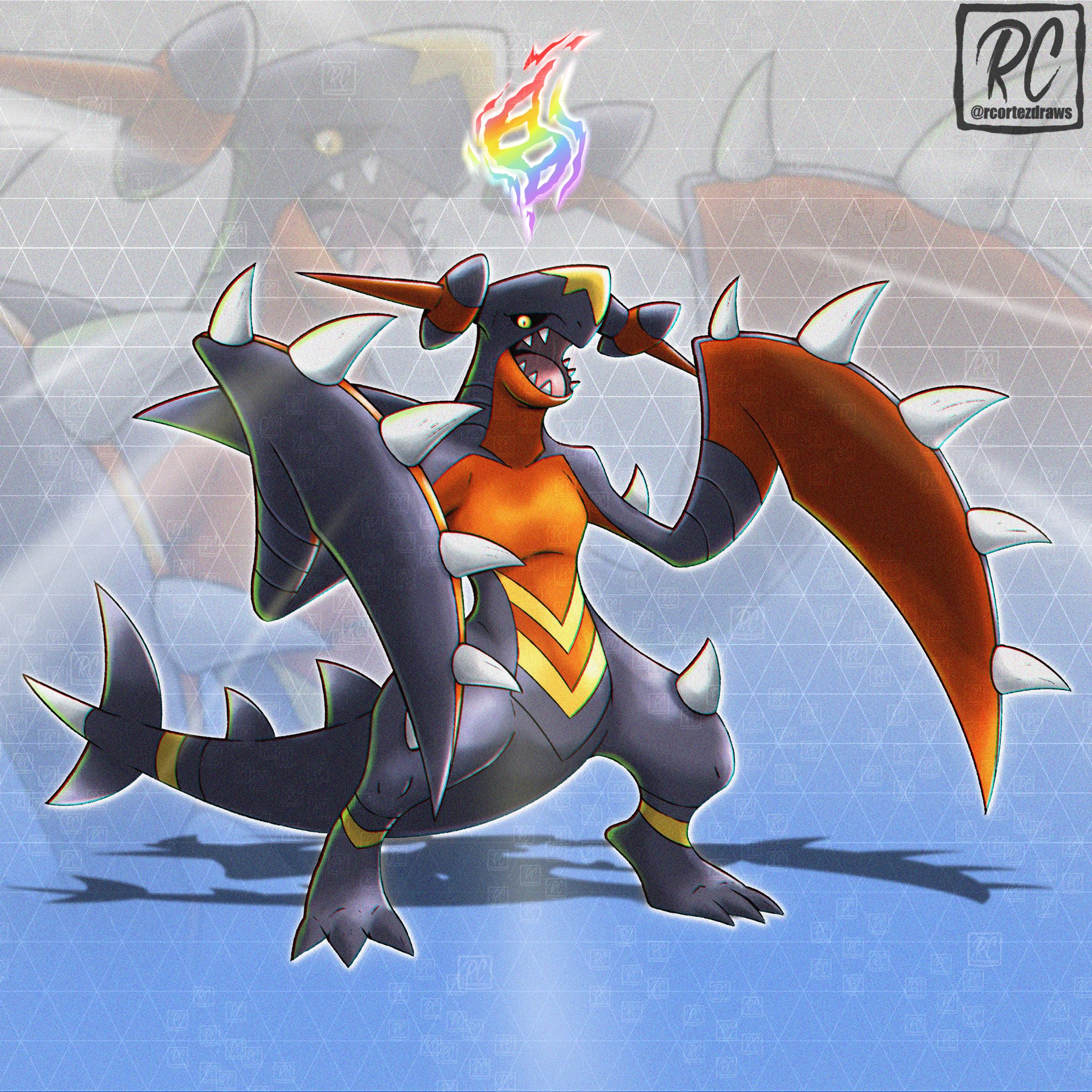 rcortezdraws, garchomp, nintendo, pokemon, pokemon legends: z-a, commentary, english commentary, highres, spoilers, black sclera, claws, colored sclera, dragon, fangs, fins, gen 4 pokemon, mega evolution symbol, mega garchomp z, mega pokemon, open mouth, pokemon (creature), pokemon focus, sharp teeth, spikes, tail, teeth, yellow eyes, zoom layer
