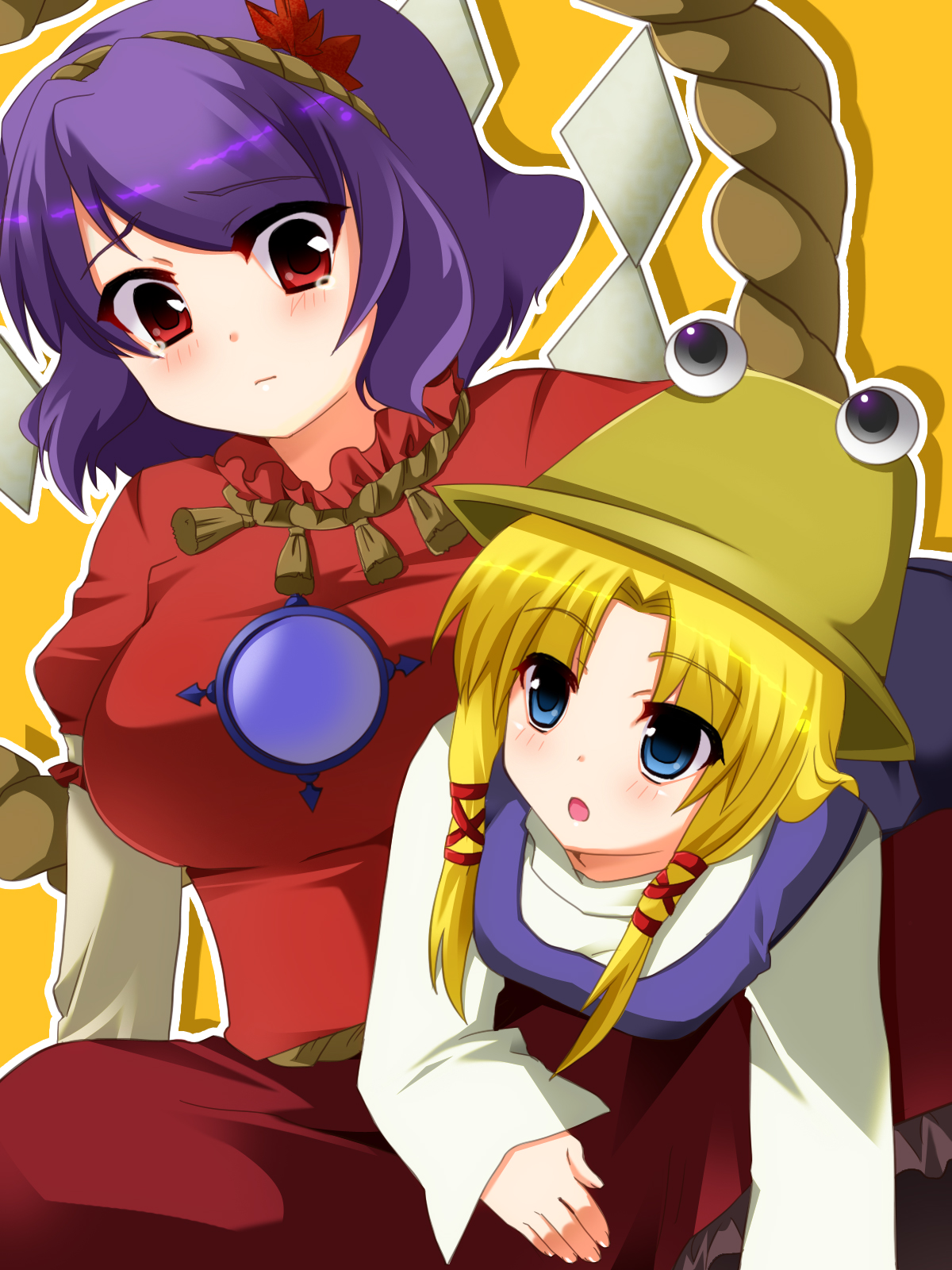 adaajt, moriya suwako, yasaka kanako, touhou, highres, 2girls, blonde hair, blue eyes, female focus, hair ornament, hat, leaf, leaf hair ornament, multiple girls, purple hair, red eyes, rope, shide, shimenawa, short hair