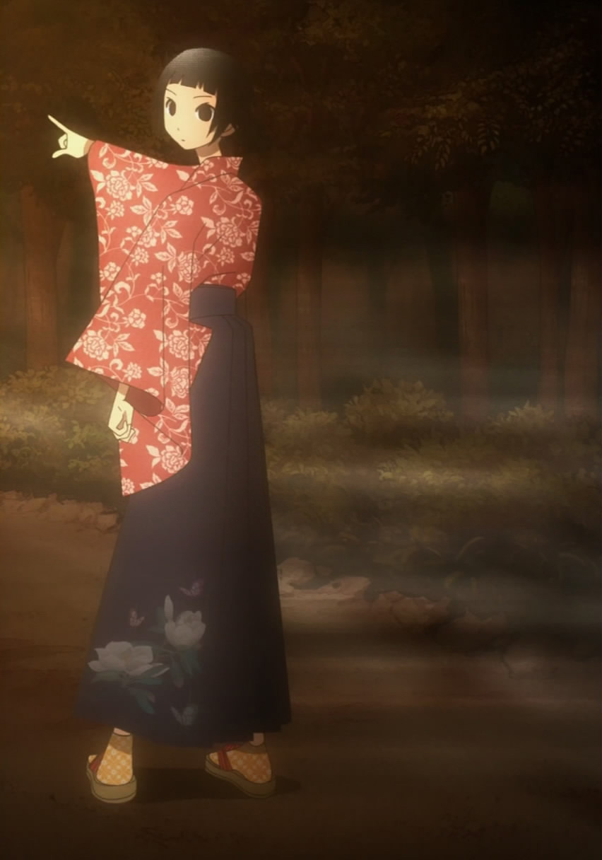 tsunetsuki matoi, sayonara zetsubou sensei, anime screenshot, highres, stitched, third-party edit, 00s, 1girl, female focus, forest, hakama, hakama skirt, japanese clothes, meiji schoolgirl uniform, nature, pointing, skirt, solo, worried
