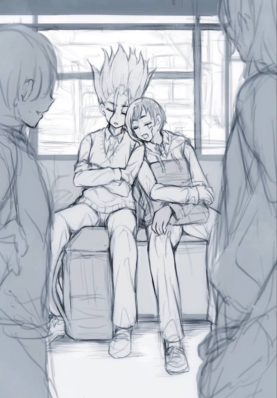 asagiri gen, ishigami senkuu, dr. stone, highres, 2boys, bag, closed eyes, collared shirt, crossed arms, facial mark, greyscale, head on another's shoulder, hood, hood down, hoodie, leaning on person, long sleeves, male focus, manspreading, monochrome, multiple boys, open mouth, pants, parted lips, school bag, school uniform, shirt, shoes, short hair, sitting, sketch, sleeping, sleeping upright, smile, snowapple fen, spiked hair, window