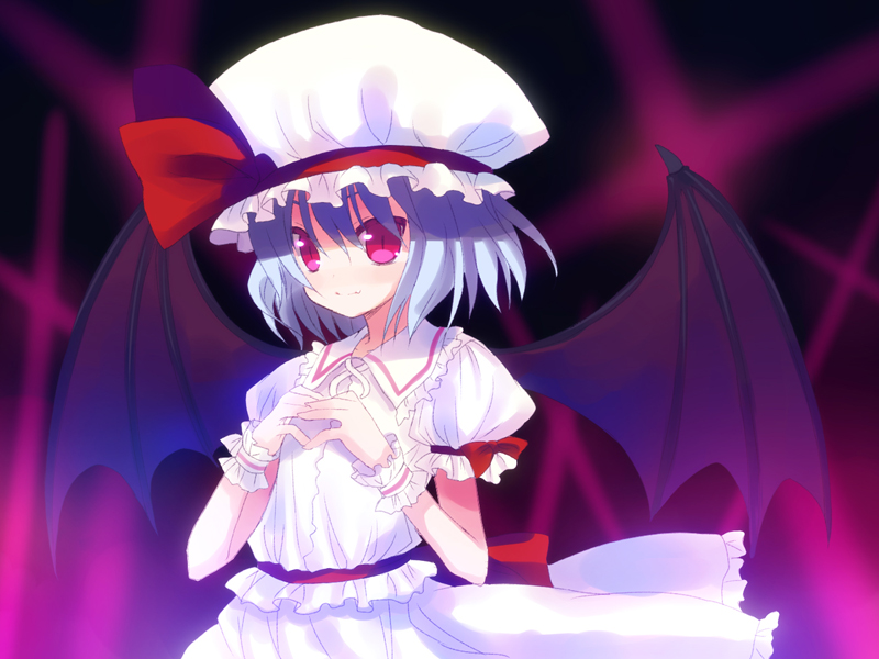 meito (maze), remilia scarlet, touhou, 1girl, bat wings, blue hair, female focus, hat, own hands together, red eyes, short hair, slit pupils, solo, upper body, wings