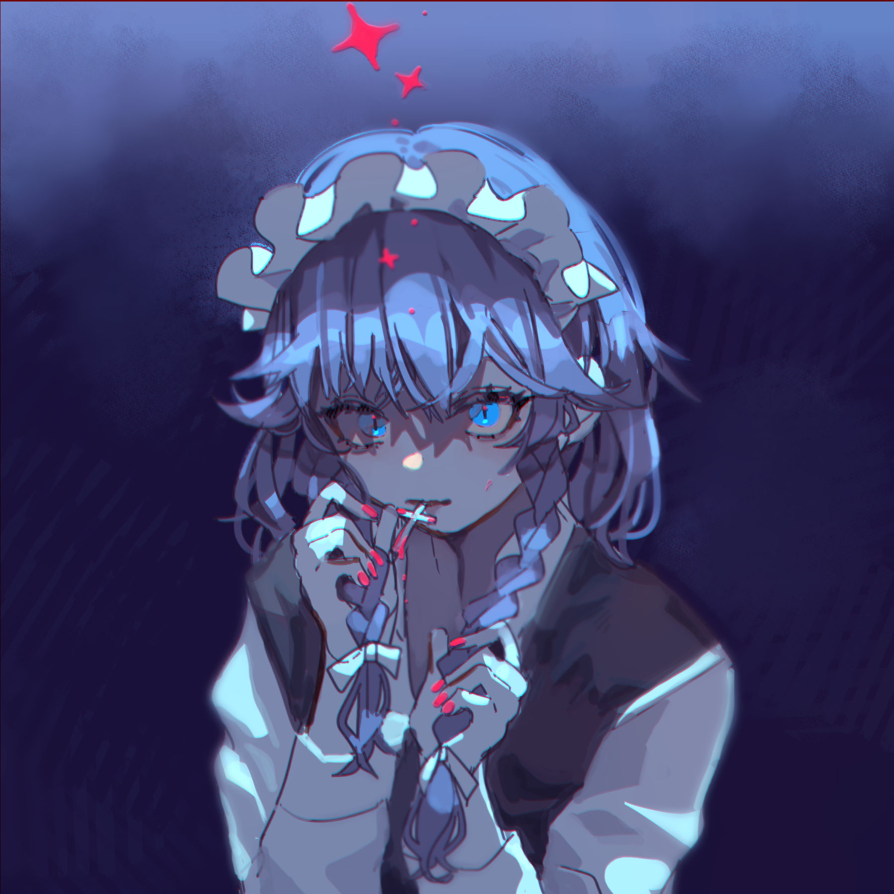 shi chimi, izayoi sakuya, touhou, commentary request, highres, 1girl, black vest, blue eyes, braid, cross, expressionless, long sleeves, maid, maid headdress, medium hair, nail polish, red nails, shirt, slit pupils, solo, star (symbol), twin braids, upper body, vest, white hair, white shirt