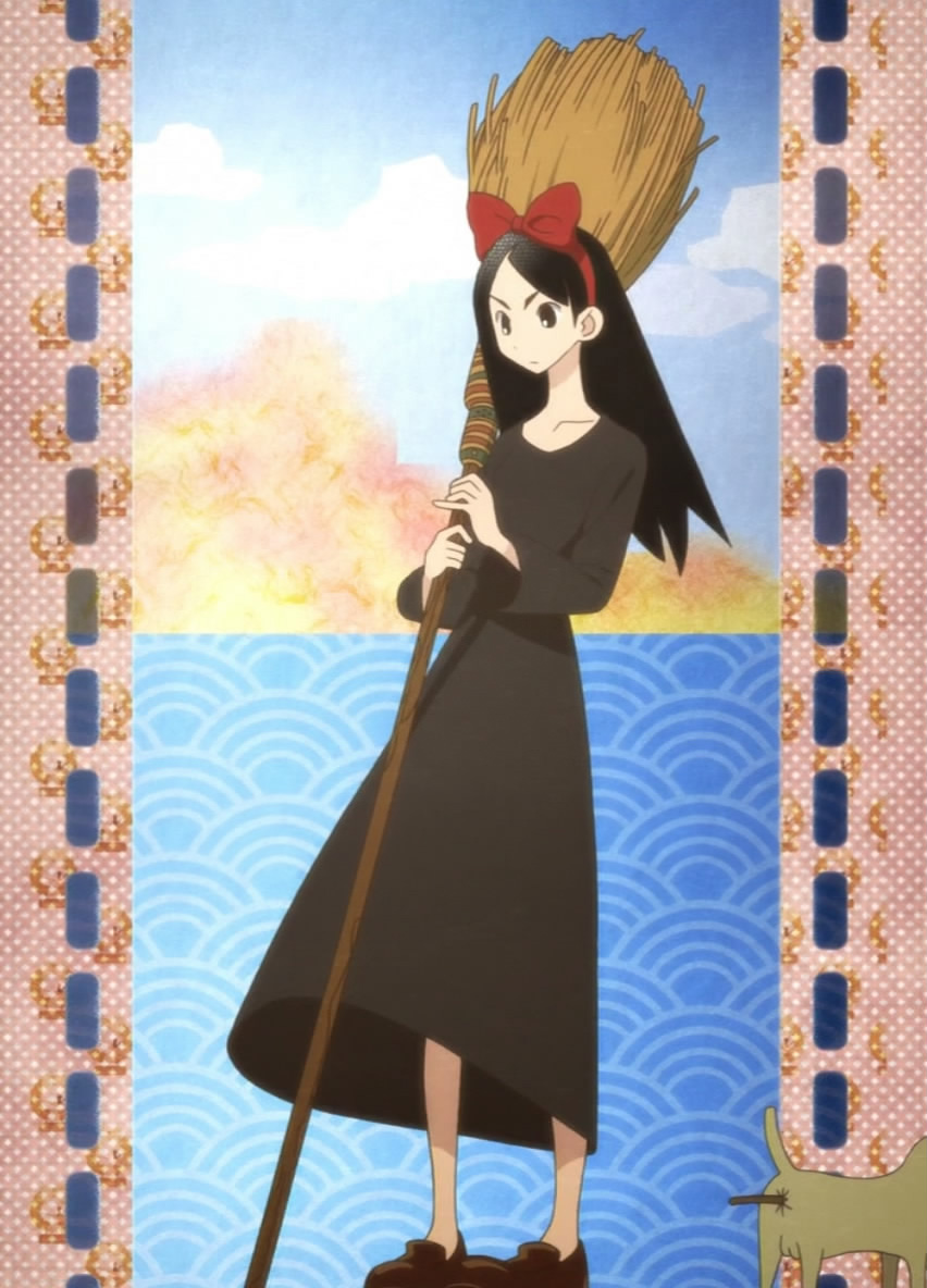 kiki (majo no takkyuubin), kitsu chiri, majo no takkyuubin, sayonara zetsubou sensei, studio ghibli, anime screenshot, stitched, third-party edit, 1girl, black eyes, black hair, bow, broom, cosplay, dog, female focus, hair bow, kiki (majo no takkyuubin) (cosplay), parted bangs, ribbon, seigaiha, solo, witch