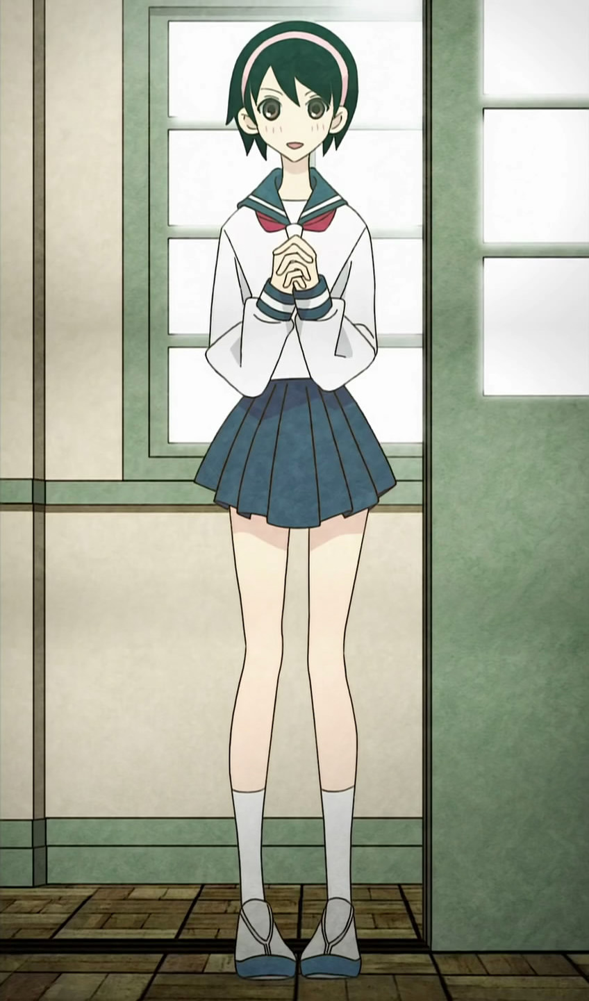 sayonara zetsubou sensei, anime screenshot, highres, stitched, third-party edit, 00s, hairband, own hands clasped, own hands together, school uniform, serafuku, solo