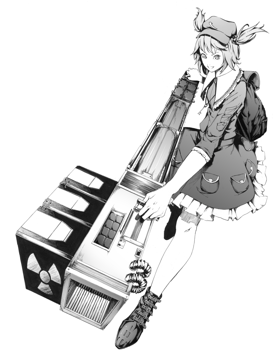 sousou (sousouworks), kawashiro nitori, touhou, 1girl, backpack, bag, dress, female focus, full body, greyscale, gun, hair bobbles, hair ornament, hat, hazard symbol, key, magnetic weapon, monochrome, radiation symbol, railgun, randoseru, realistic, short hair, smile, solo, twintails, two side up, weapon