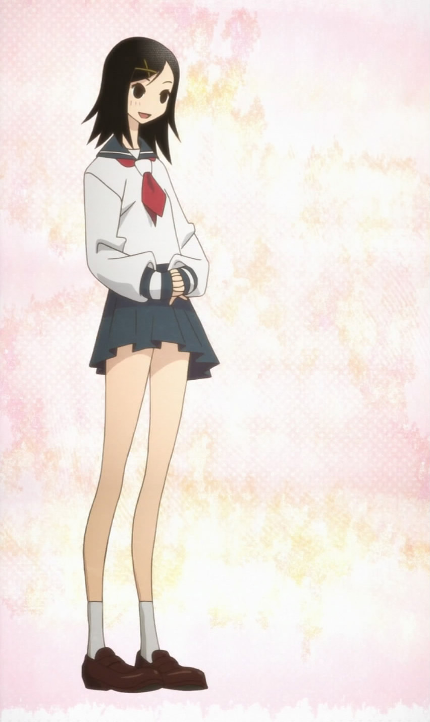 fuura kafuka, sayonara zetsubou sensei, anime screenshot, highres, stitched, third-party edit, 00s, 1girl, alternate hair length, alternate hairstyle, female focus, long legs, school uniform, serafuku, solo