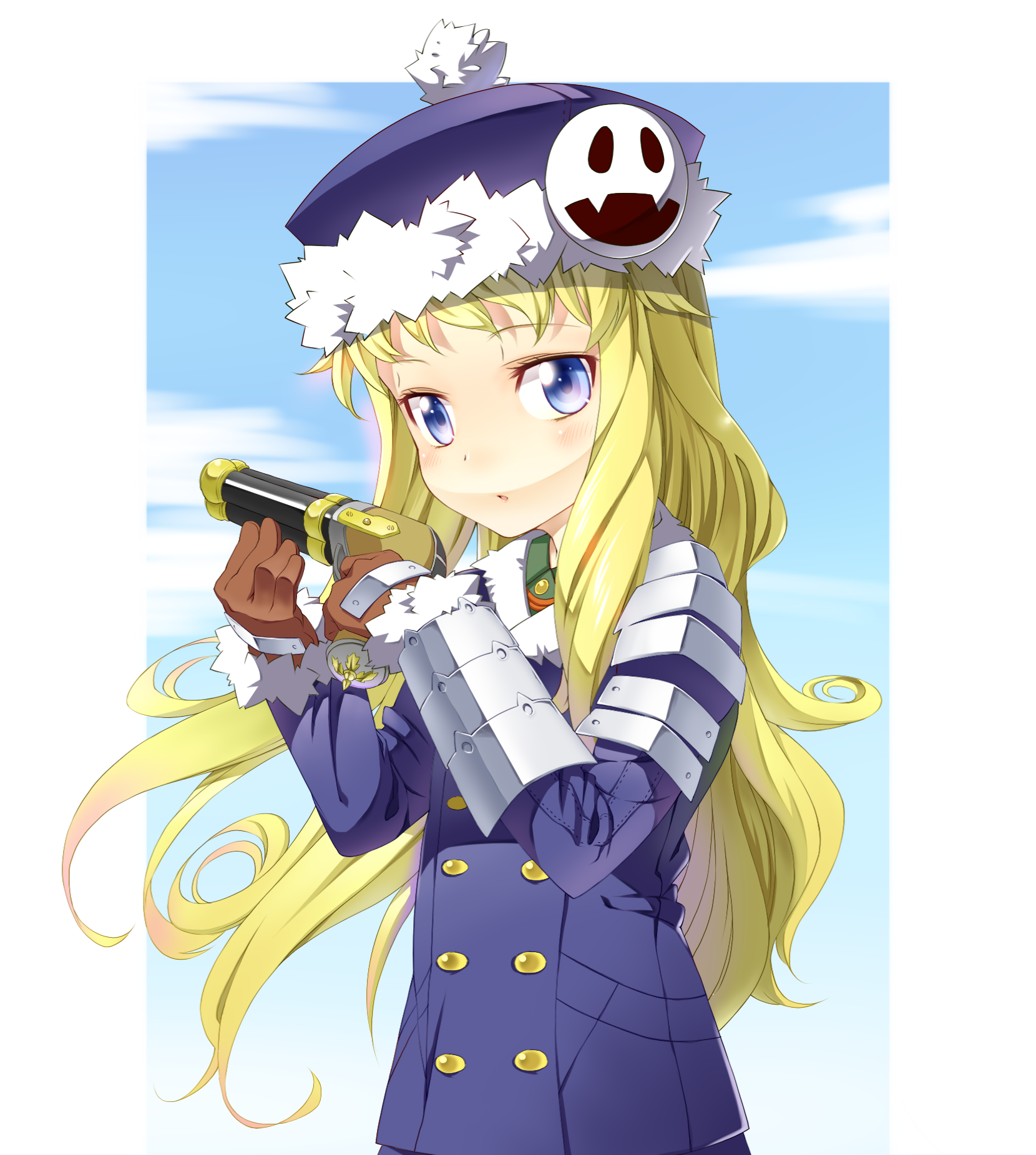 kazuma (kazumav), gunner (sekaiju), gunner 2 (sekaiju), jack frost (megami tensei), atlus, etrian odyssey, highres, blonde hair, blue eyes, gloves, gun, hat, long hair, weapon