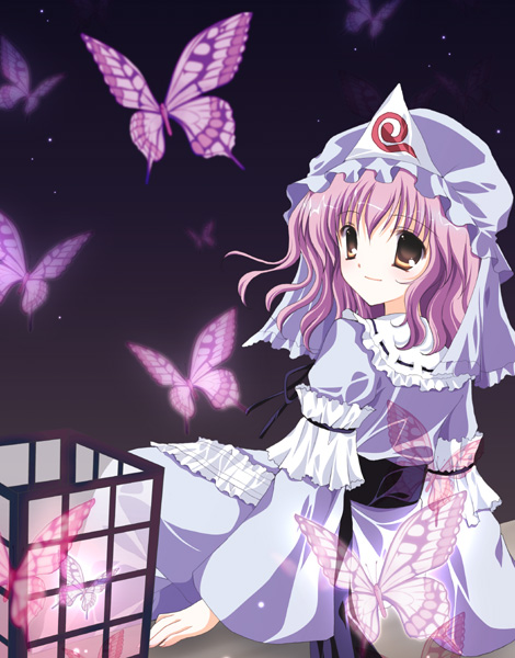 natsume eri, saigyouji yuyuko, touhou, 1girl, bug, butterfly, dress, female focus, gradient background, hat, insect, pink hair, solo