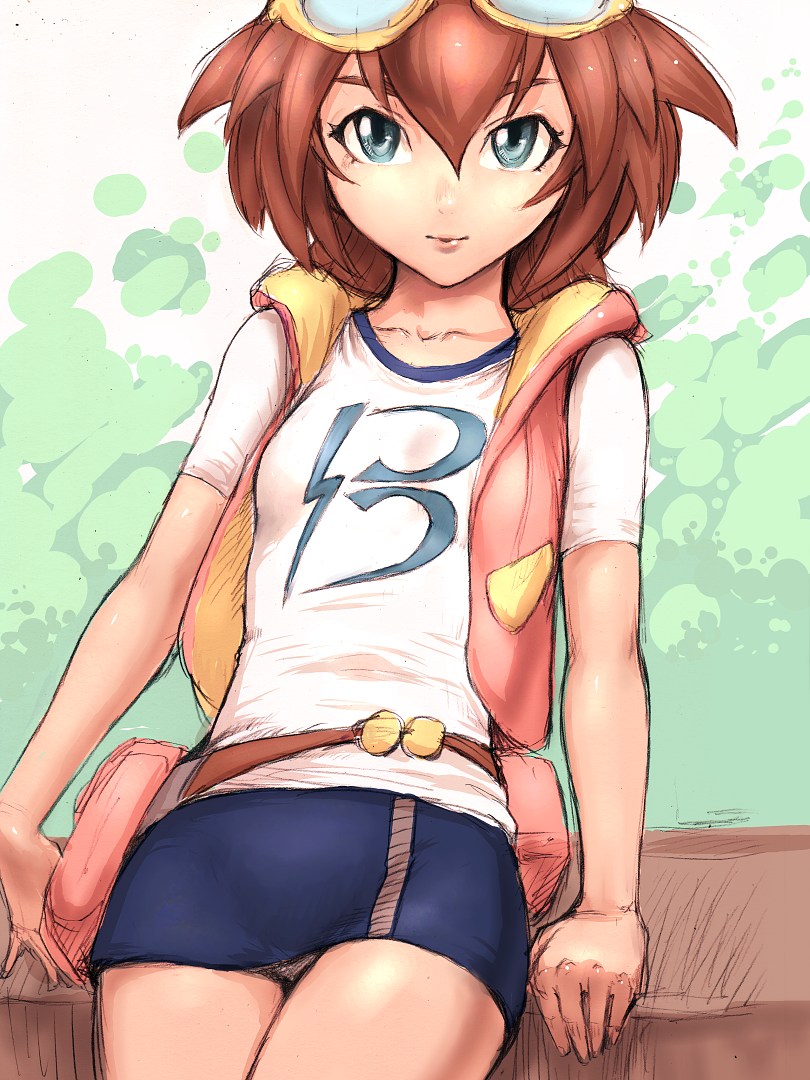 fumio (rsqkr), amano madoka, beyblade, metal fight beyblade, 00s, 1girl, arm support, belt, belt pouch, blue eyes, brown hair, cowboy shot, female focus, flat chest, goggles, goggles on head, hair between eyes, light smile, looking at viewer, miniskirt, open clothes, panties, pantyshot, pouch, shirt, short hair, sitting, skirt, smile, solo, t-shirt, underwear, upskirt, vest, white panties