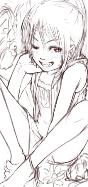 inugoro, inumaro (inugoro), 1girl, anklet, barefoot, blue hair, fangs, feet, female focus, greyscale, grin, jewelry, monochrome, one eye closed, ponytail, sketch, smile, solo, teeth, water, wink, yellow eyes