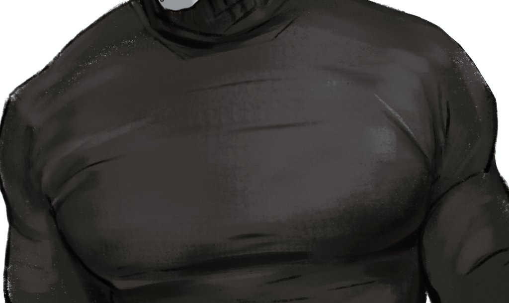 reddokkaebe, original, commentary, english commentary, 1boy, black shirt, covered pectorals, greyscale, head out of frame, long sleeves, male focus, monochrome, pectorals, shirt, simple background, solo, turtleneck, white background