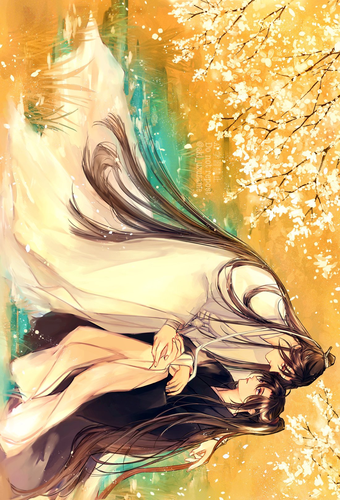 lan wangji, wei wuxian, modao zushi, commentary request, highres, 2boys, ahoge, aki uzuzame, bishounen, black hair, black hanfu, branch, brown hair, chinese clothes, closed eyes, closed mouth, couple, falling petals, flower, grass, hair bun, hair ribbon, hanfu, headband, high ponytail, holding, holding hands, holding ribbon, long hair, long sleeves, looking at another, male focus, multiple boys, outdoors, petals, ponytail, purple eyes, red ribbon, reflection, ribbon, ripples, robe, sidelocks, sideways, smile, topknot, tree, twitter username, very long hair, wading, water, white flower, white hanfu, white headband, white ribbon, wide sleeves, xiao guan (headdress), yaoi, yellow eyes