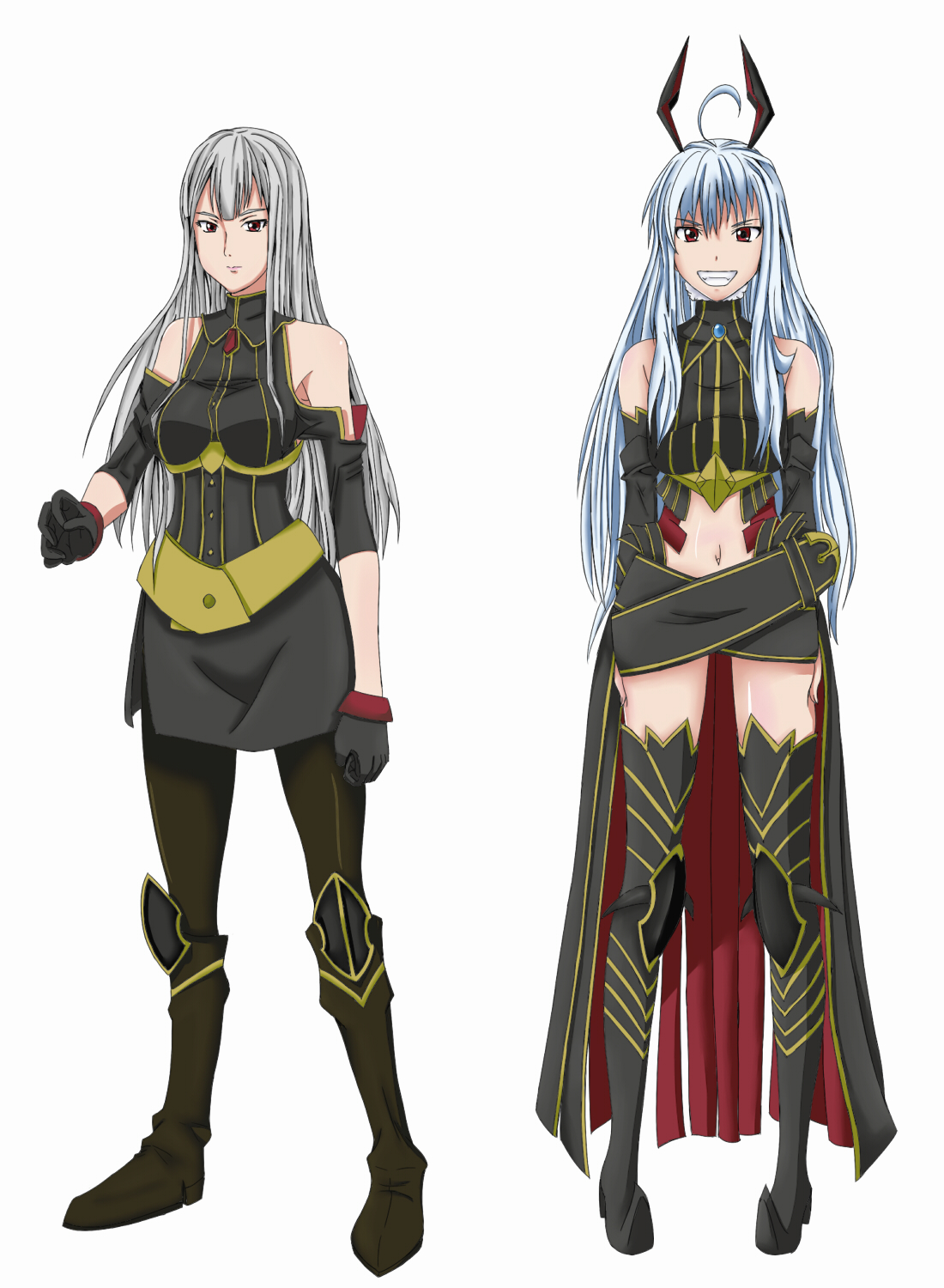 yoshida keiji, aliasse, selvaria bles, senjou no valkyria (series), senjou no valkyria 1, senjou no valkyria 2, silver hair, highres, 00s, detached sleeves, headdress, horns, long hair, pantyhose, red eyes, thighhighs