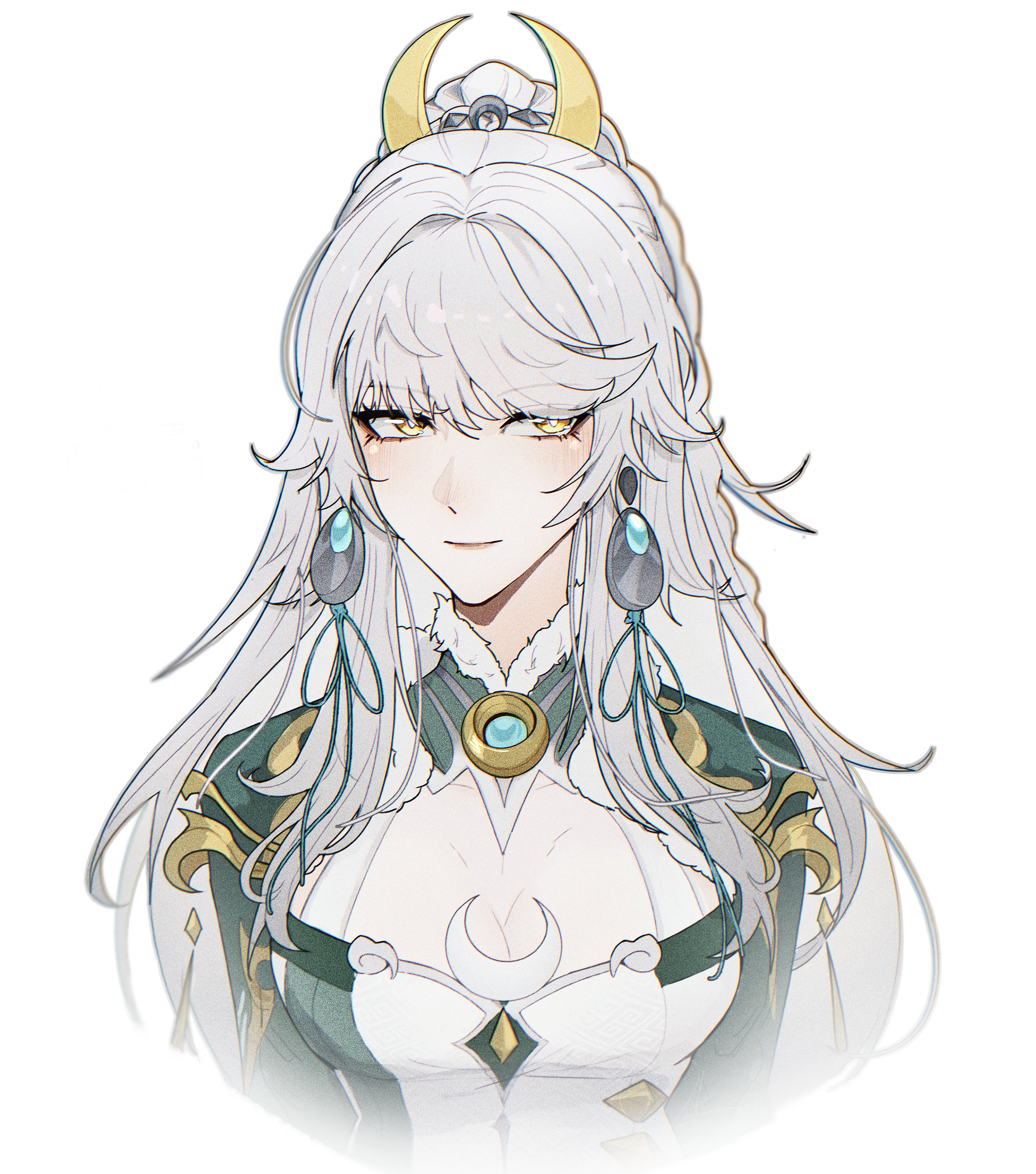 genshin impact, absurdres, hashtag-only commentary, highres, 1girl, breasts, bright pupils, cleavage, cleavage cutout, clothing cutout, crescent, crescent hair ornament, crescent moon, cropped torso, earrings, fur-trimmed collar, fur trim, hair ornament, jewelry, moon, naberhine, ponytail, simple background, solo, upper body, white background, white hair, white pupils, yellow eyes, zibai (genshin impact)
