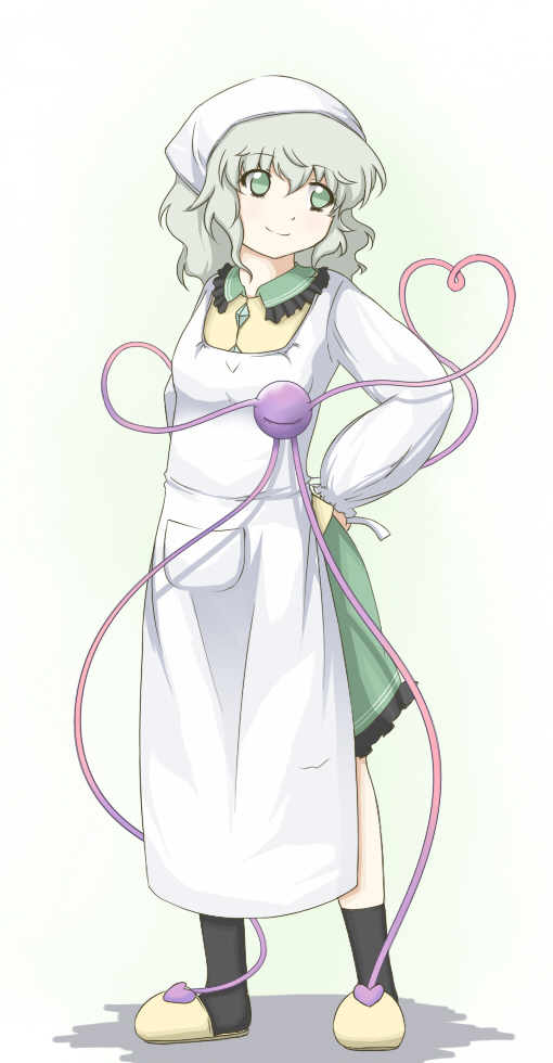 fuuen (akagaminanoka), komeiji koishi, touhou, bad id, bad pixiv id, 1girl, apron, female focus, green eyes, green hair, headscarf, heart, heart of string, matching hair/eyes, short hair, solo, white headscarf