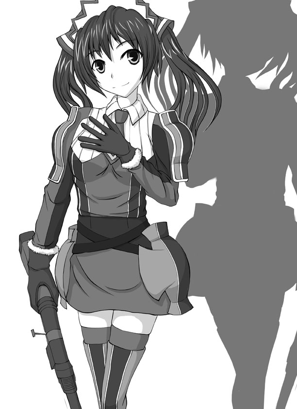 cat millionaire, alicia melchiott, senjou no valkyria, senjou no valkyria (series), senjou no valkyria 1, 00s, gun, military, military uniform, monochrome, rifle, skirt, twintails, weapon