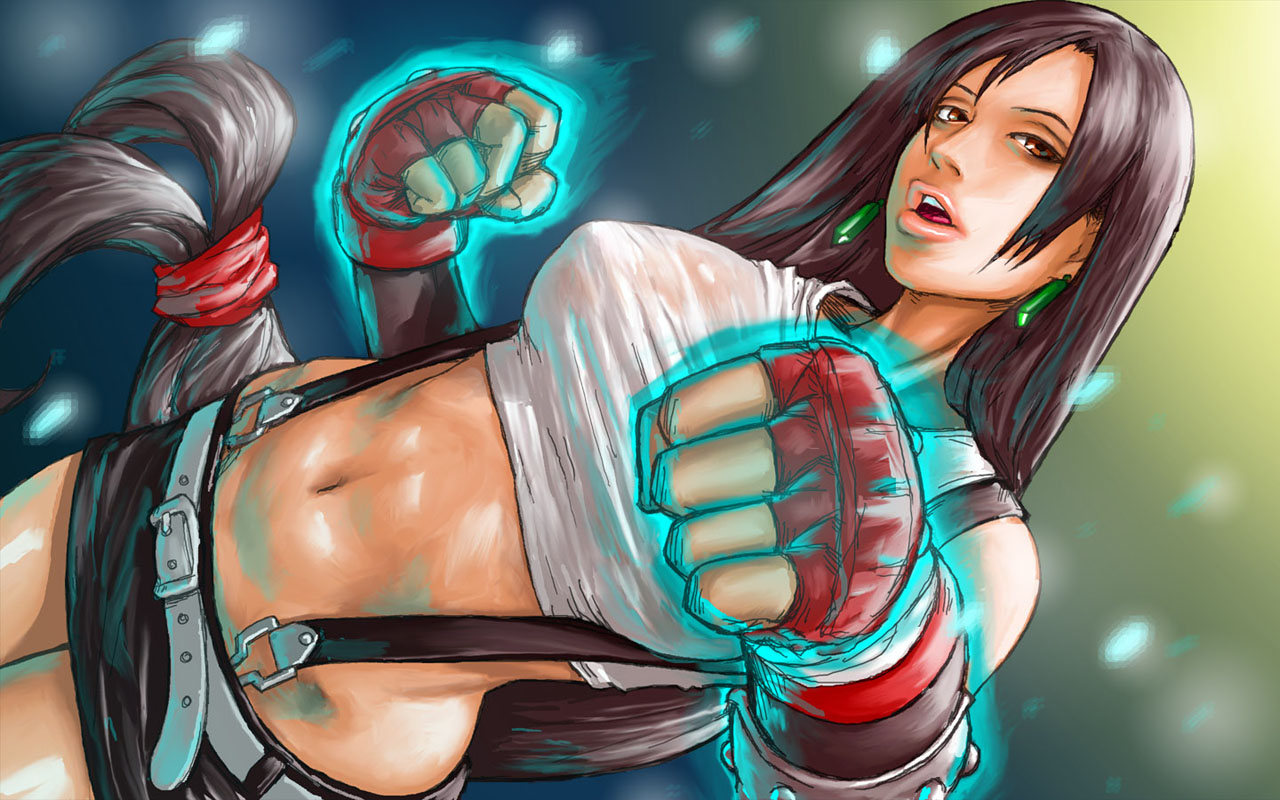 take (draghignazzo), tifa lockhart, final fantasy, final fantasy vii, 1990s (style), 1girl, belt, breasts, brown hair, earrings, female focus, fingerless gloves, gloves, jewelry, lips, long hair, low-tied long hair, navel, pencil skirt, retro artstyle, shirt, skirt, solo, suspender skirt, suspenders, taut clothes, taut shirt
