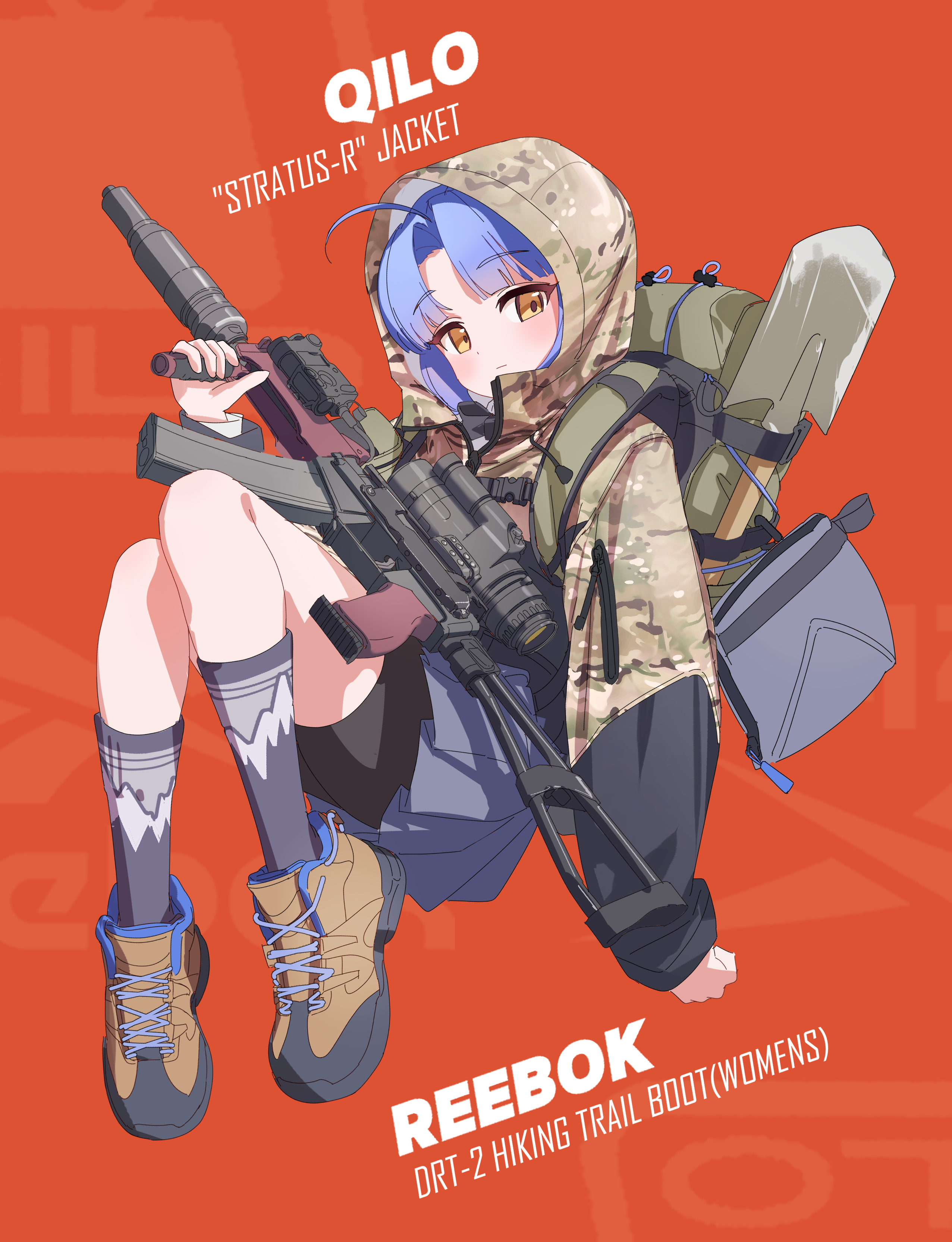 bypos, original, reebok, absurdres, commentary request, highres, 1girl, ahoge, backpack, bag, bike shorts, black shorts, black socks, blue hair, blush, brown jacket, brown shoes, camouflage, camouflage jacket, closed mouth, full body, green bag, grey skirt, gun, holding, holding gun, holding weapon, hood, hooded jacket, jacket, looking at viewer, orange background, pleated skirt, scope, shoes, shorts, shovel, simple background, skirt, sneakers, socks, solo, sr-3mp, suppressor, weapon, yellow eyes