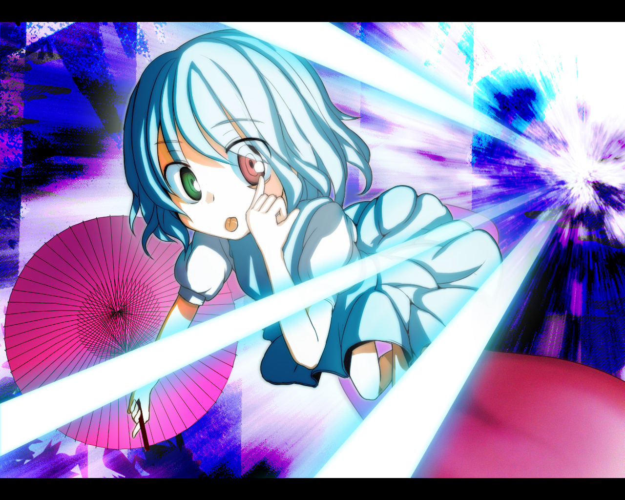 orga (pixiv), organ derwald, tatara kogasa, touhou, bad id, bad pixiv id, 1girl, :p, blue hair, danmaku, female focus, heterochromia, karakasa obake, letterboxed, sandals, short hair, solo, tongue, tongue out, umbrella