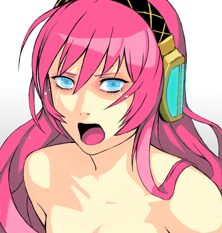 yuuji (and), megurine luka, vocaloid, bad id, bad pixiv id, 1girl, blue eyes, female focus, gradient background, pink hair, solo, tears, white background