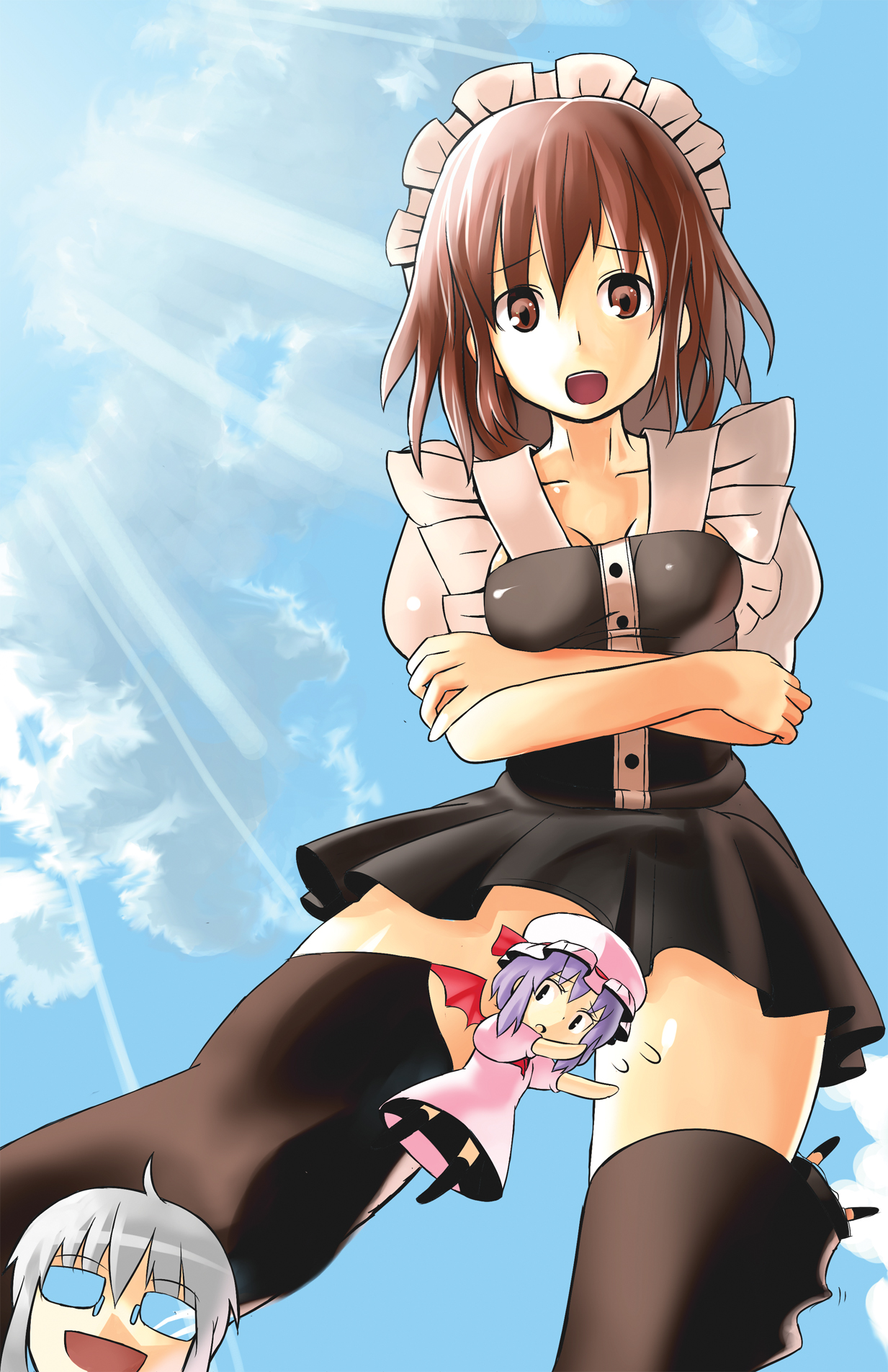 orga (pixiv), organ derwald, kirisame marisa, morichika rinnosuke, remilia scarlet, shameimaru aya, touhou, bad id, bad pixiv id, highres, 1boy, 3girls, alternate costume, black hair, blue hair, censored, convenient censoring, crossed arms, day, dress, embarrassed, enmaided, from below, giant, giantess, glasses, hairband, hat, light rays, maid, mini person, minigirl, multiple girls, outdoors, purple hair, short hair, sky, sunbeam, sunlight, thighhighs, zettai ryouiki