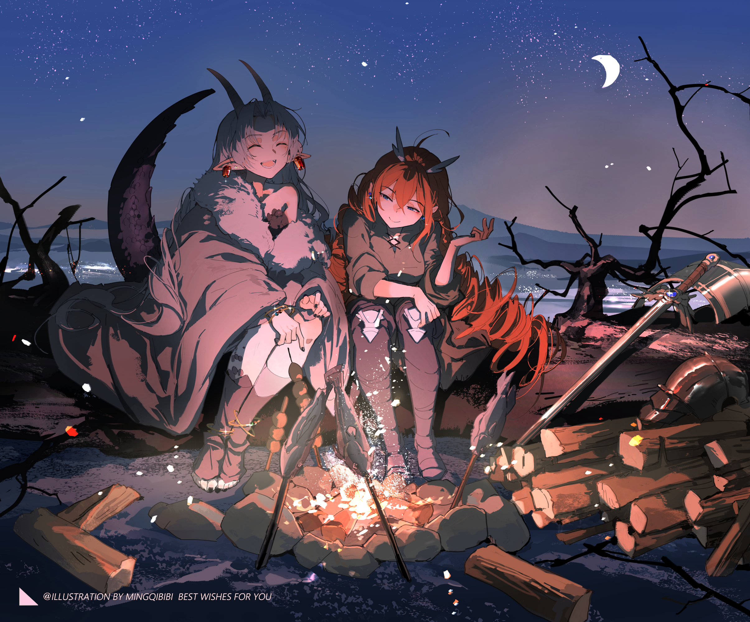ming qi bibi, original, commentary request, highres, 2girls, :d, blanket, brown shirt, campfire, crescent moon, dragon girl, dragon tail, earrings, fish (food), jewelry, log, long hair, moon, mountainous horizon, multiple girls, night, night sky, open mouth, outdoors, pointy ears, red hair, roasting, shirt, sitting, sky, smile, sword, tail, unworn armor, very long hair, weapon, white hair