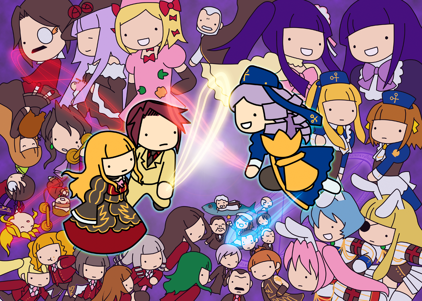 kashiwa kiseri, asmodeus (umineko), beatrice (umineko), beelzebub (umineko), belphegor (umineko), chiester00, chiester410, chiester45, chiester sisters, cornelia (umineko), dlanor a. knox, eiserne jungfrau, frederica bernkastel, furudo erika, gertrude (umineko), gouda toshirou, kanon (umineko), kumasawa chiyo, lambdadelta, leviathan (umineko), lucifer (umineko), mammon (umineko), nanjou terumasa, ronoue genji, ronove (umineko), satan (umineko), shannon (umineko), stakes of purgatory, ushiromiya battler, ushiromiya eva, ushiromiya george, ushiromiya hideyoshi, ushiromiya jessica, ushiromiya kinzou, ushiromiya krauss, ushiromiya kyrie, ushiromiya maria, ushiromiya natsuhi, ushiromiya rosa, ushiromiya rudolf, virgilia (umineko), 07th expansion, end of the golden witch, no naku koro ni (series), umineko no naku koro ni, highres, 00s, 6+boys, 6+girls, animal ears, chibi, energy sword, everyone, magic circle, multiple boys, multiple girls, rabbit ears, sword, weapon