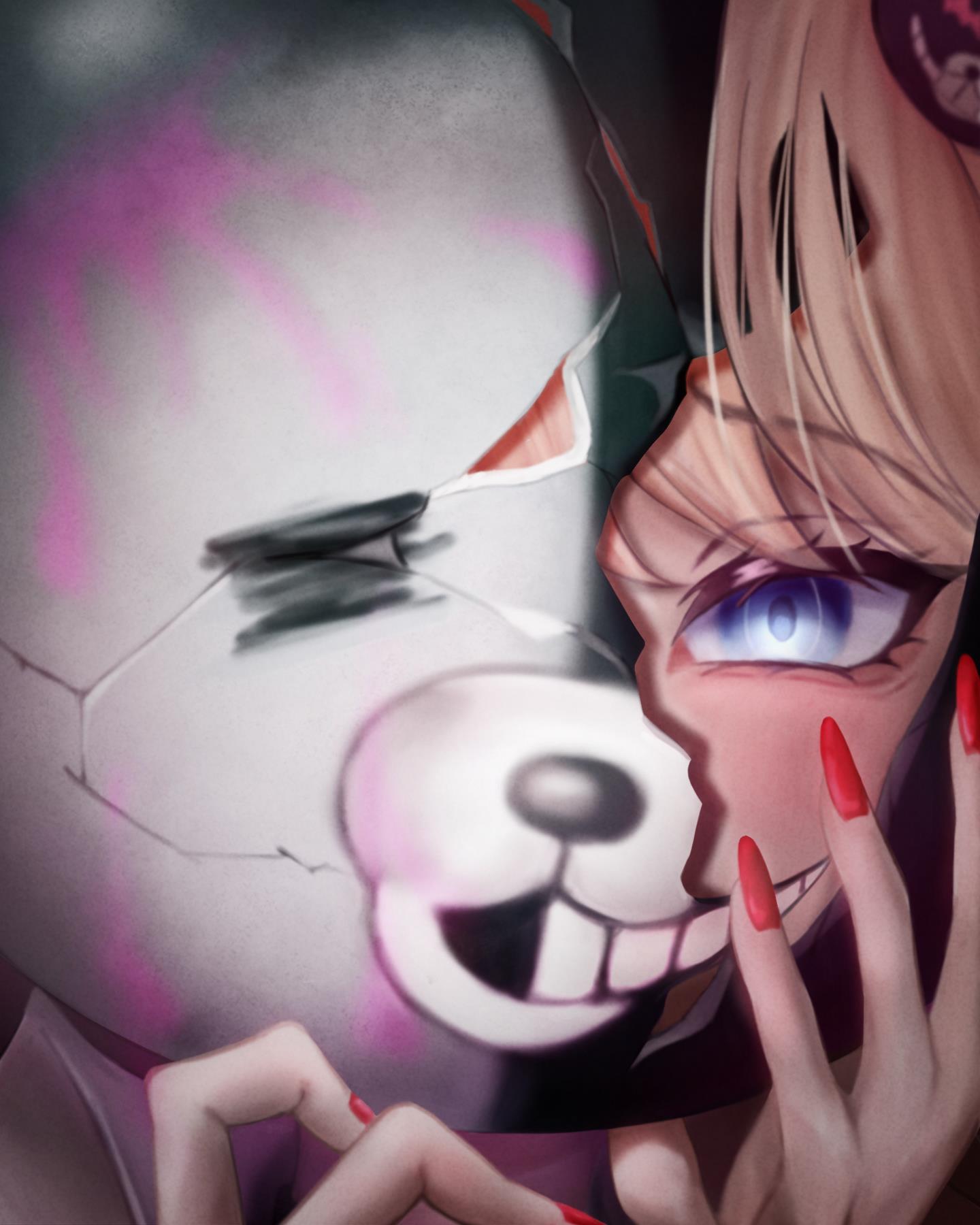 raku29 shi, enoshima junko, monokuma, danganronpa (series), commentary request, highres, 1girl, blue eyes, holding, looking at viewer