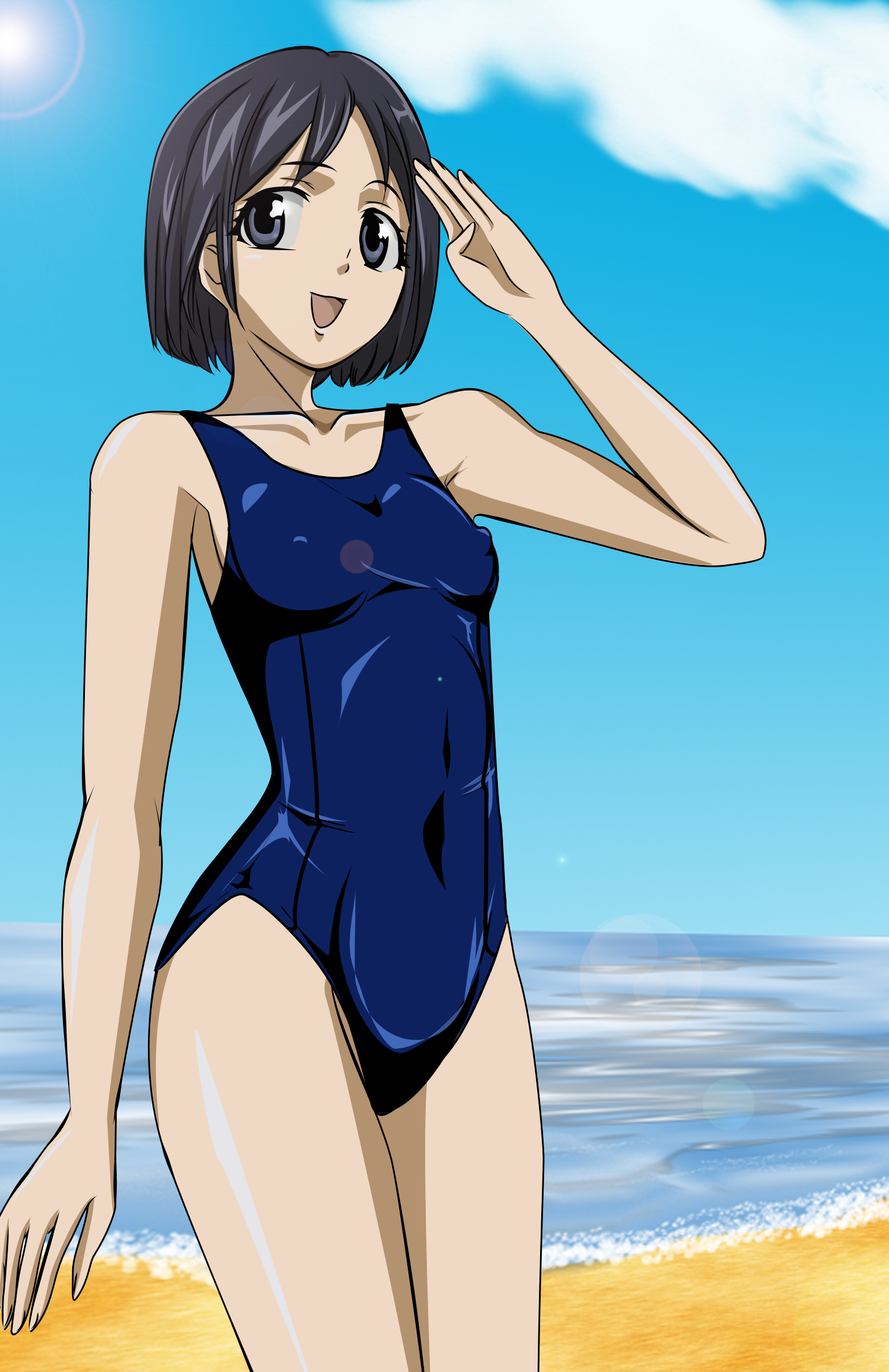gentoku, isara gunther, senjou no valkyria (series), senjou no valkyria 1, highres, 00s, beach, blue eyes, blue hair, darcsen, salute, sky, swimsuit, water